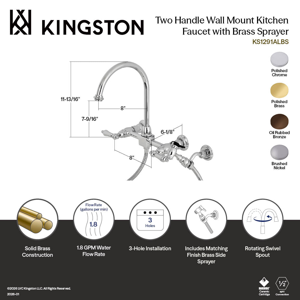 Kingston Tulare KS1291ALBS - Restoration Two-Handle 3-Hole Wall Mount Bridge Kitchen Faucet with Brass Sprayer, Polished Chrome — thumbnail 3