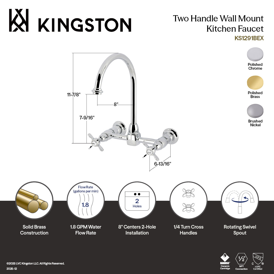 Kingston Tulare KS1291BEX - Essex Two-Handle 2-Hole Wall Mount Bridge Kitchen Faucet, Polished Chrome — thumbnail 2