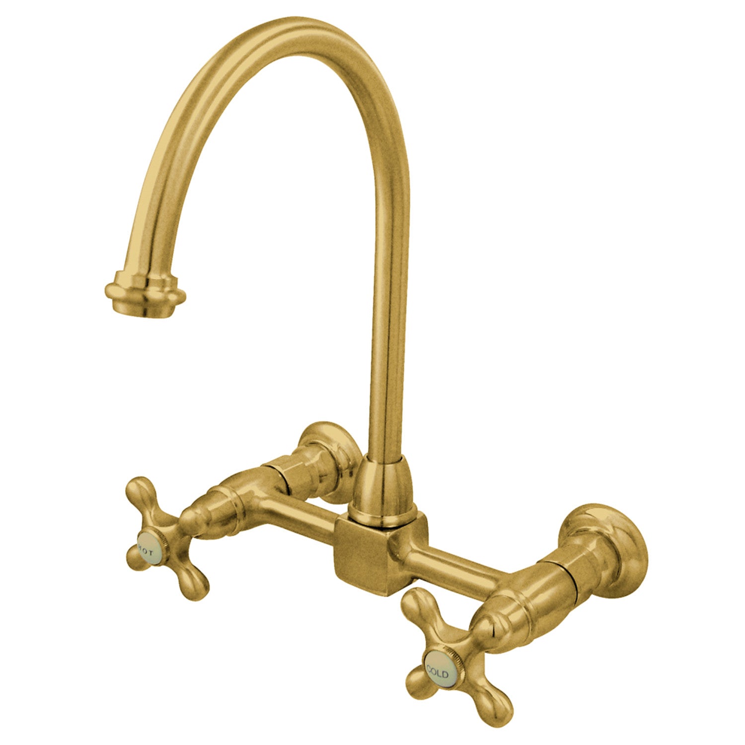 Kingston Tulare KS1292AX - Restoration Two-Handle 2-Hole Wall Mount Bridge Kitchen Faucet, Polished Brass