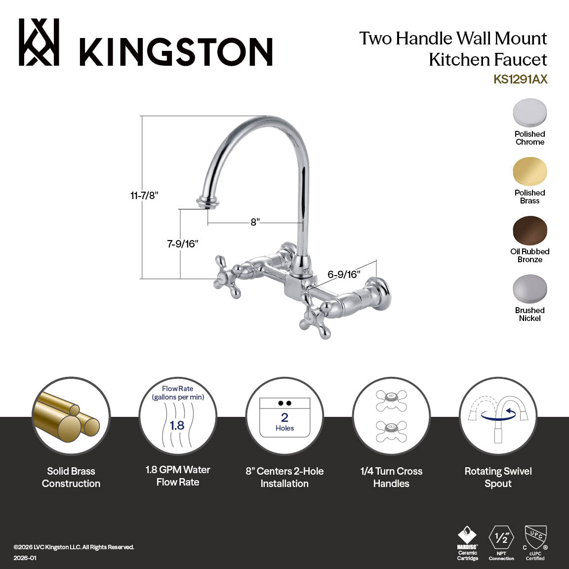 Kingston Tulare KS1292AX - Restoration Two-Handle 2-Hole Wall Mount Bridge Kitchen Faucet, Polished Brass — thumbnail 2