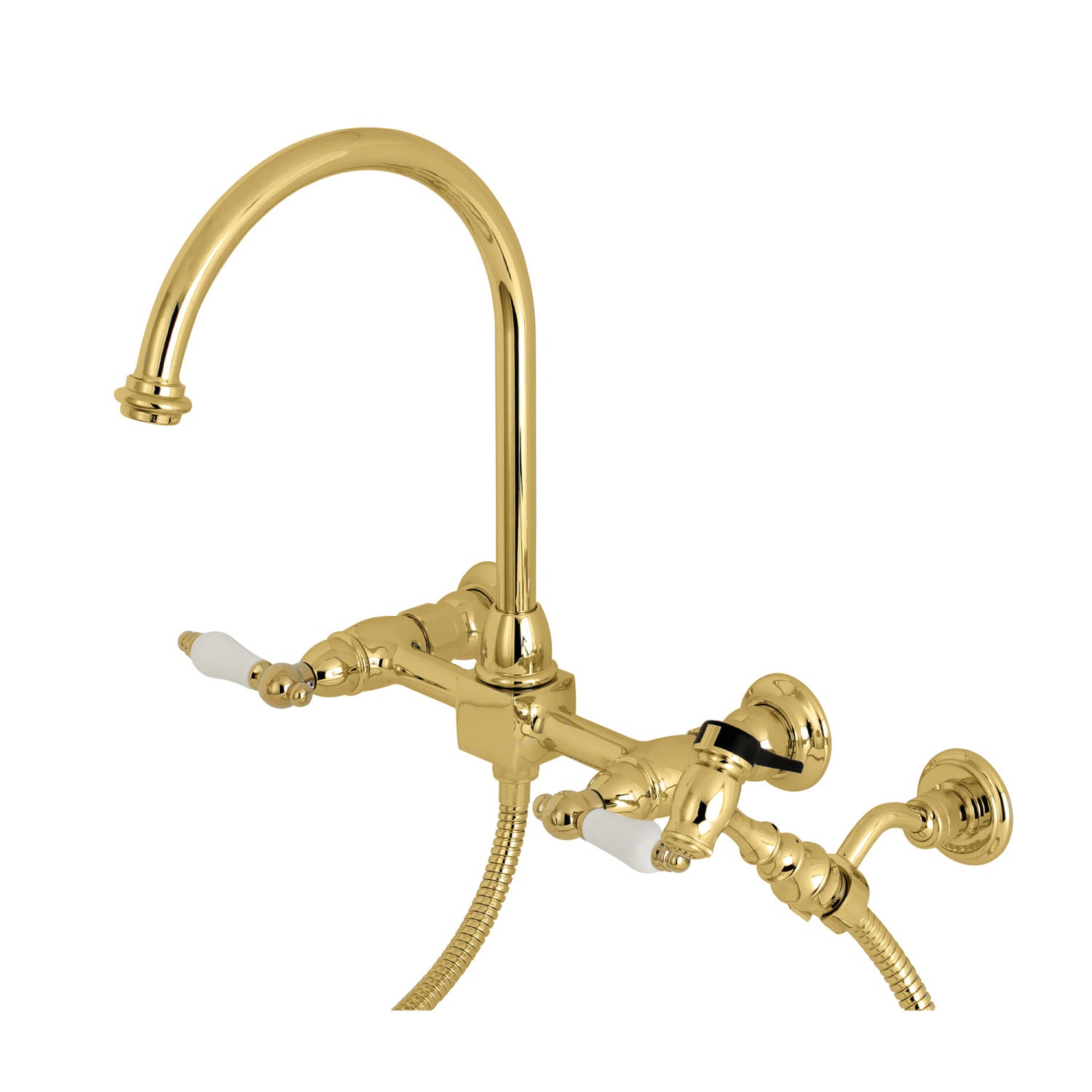 Kingston Tulare KS1292PLBS - Restoration Two-Handle 3-Hole Wall Mount Bridge Kitchen Faucet with Brass Sprayer, Polished Brass