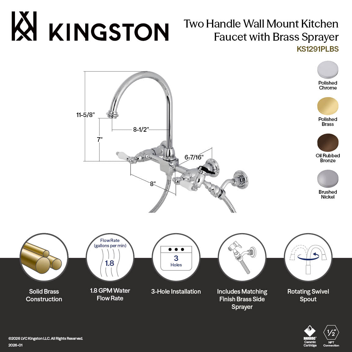 Kingston Tulare KS1292PLBS - Restoration Two-Handle 3-Hole Wall Mount Bridge Kitchen Faucet with Brass Sprayer, Polished Brass — thumbnail 3