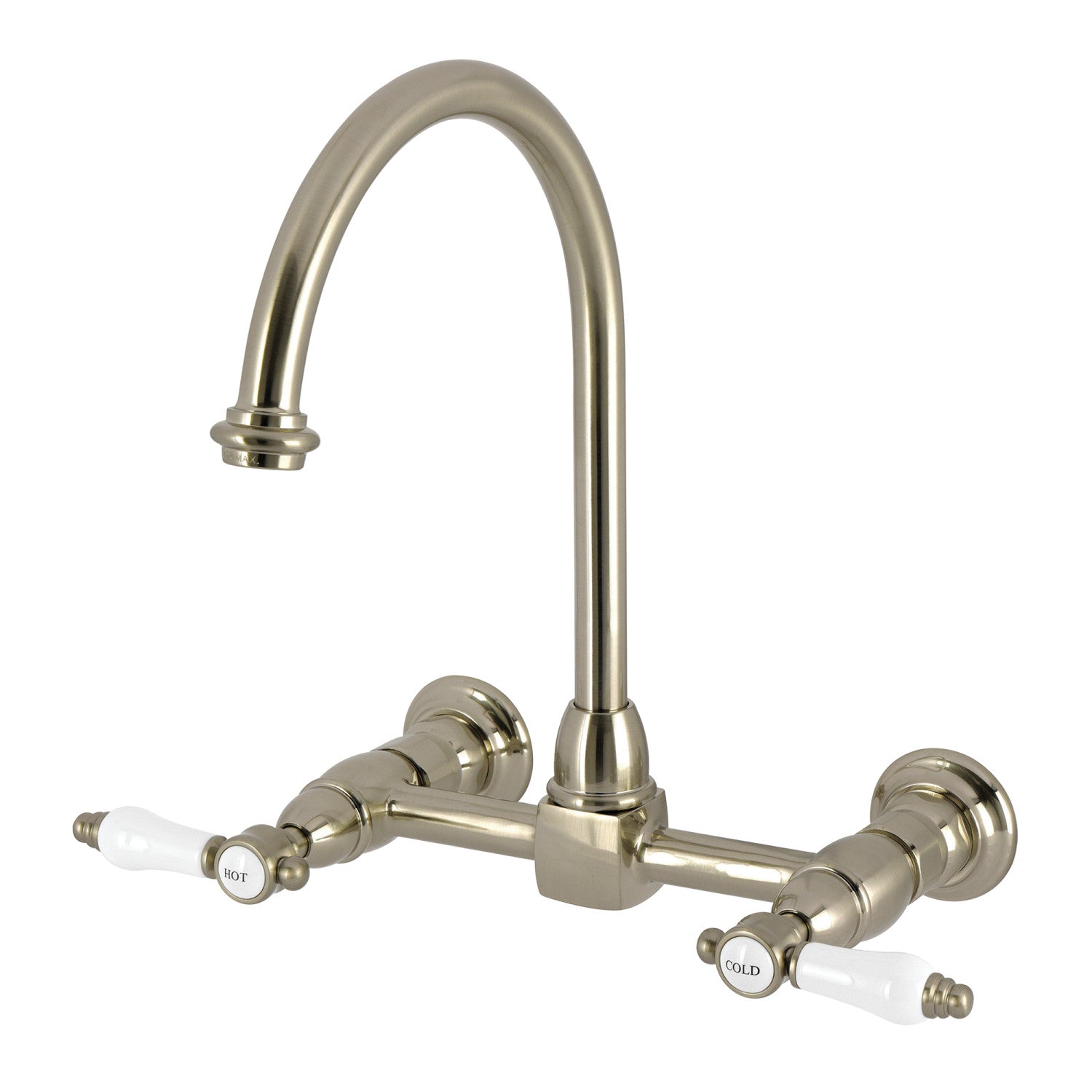 Kingston Tulare KS1298BPL - Bel-Air Two-Handle 2-Hole Wall Mount Bridge Kitchen Faucet, Brushed Nickel