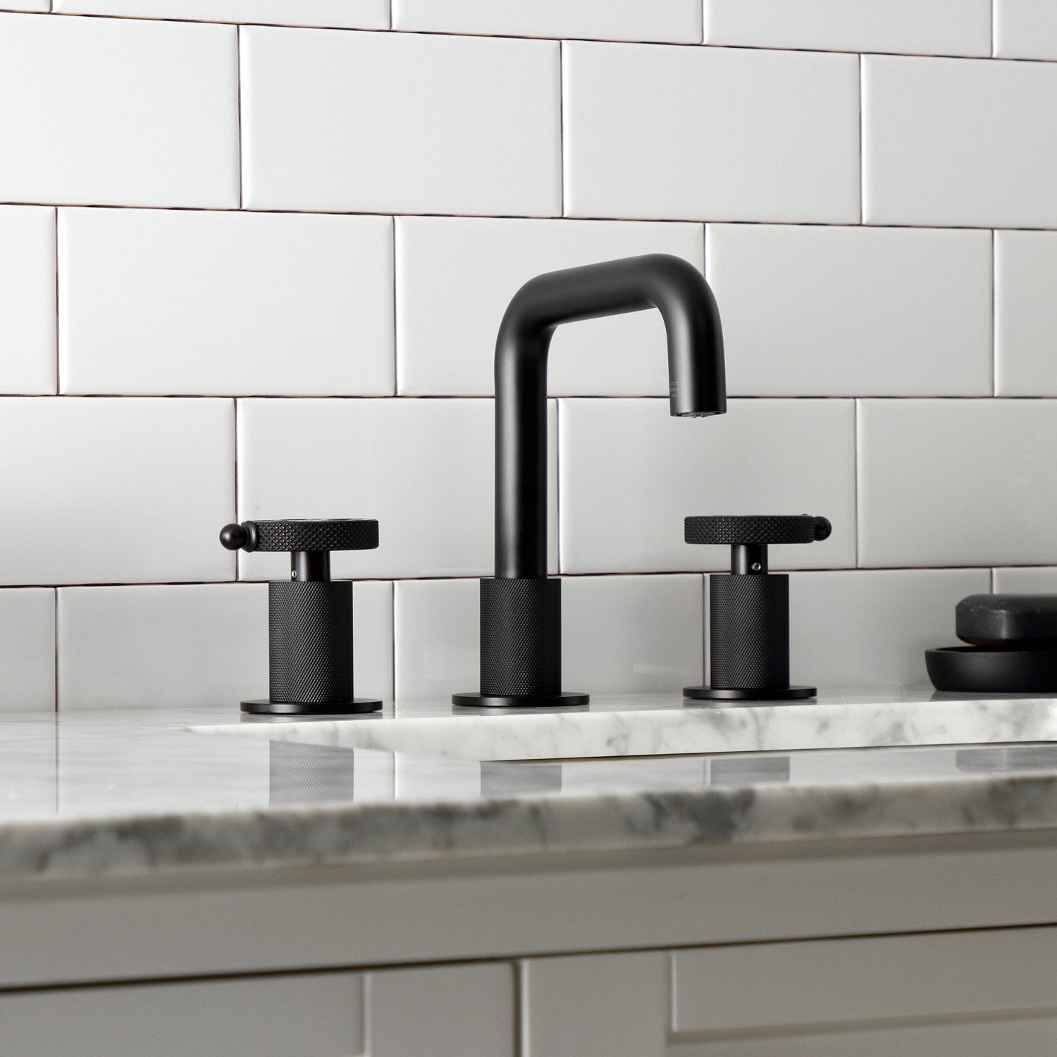 Kingston Sona KS1410RKX - Webb Two-Handle 3-Hole Deck Mount Widespread Bathroom Faucet with Knurled Handle and Push Pop-Up Drain, Matte Black — thumbnail 3