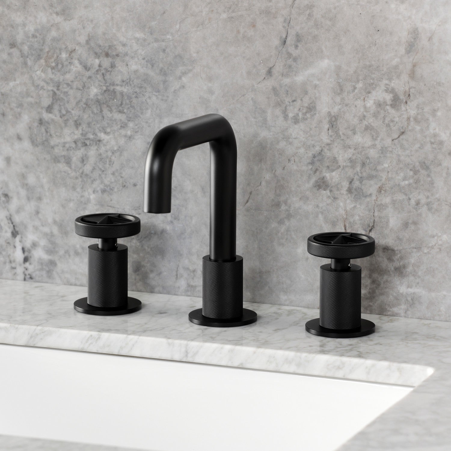 Kingston Sona KS1410RNX - Ostro Two-Handle 3-Hole Deck Mount Widespread Bathroom Faucet with Push Pop-Up Drain, Matte Black — thumbnail 2