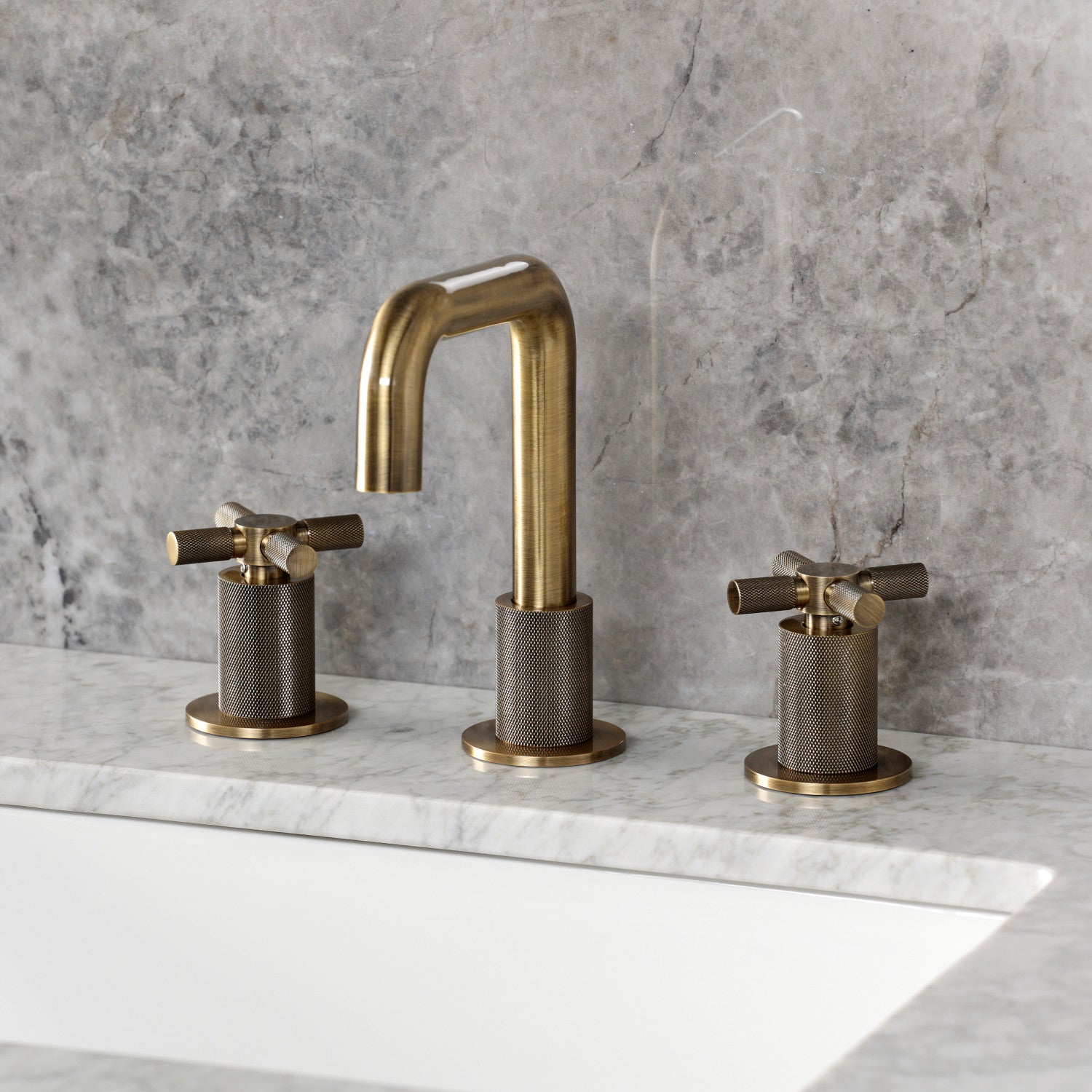 Kingston Sona KS1413KNX - Convergent Two-Handle 3-Hole Deck Mount Widespread Bathroom Faucet with Push Pop-Up Drain, Antique Brass — thumbnail 2