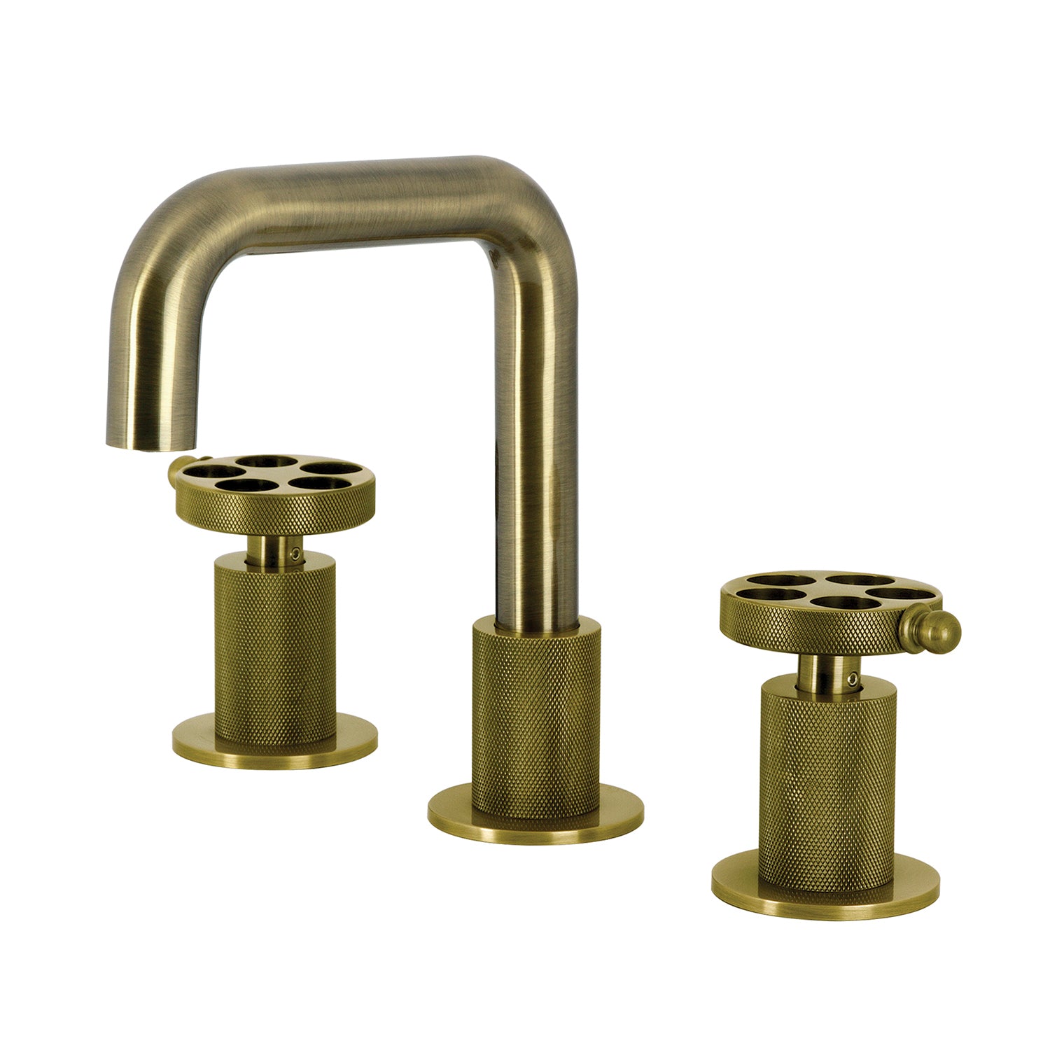Kingston Sona KS1413RKZ - Wendell Two-Handle 3-Hole Deck Mount Widespread Bathroom Faucet with Knurled Handle and Push Pop-Up Drain, Antique Brass