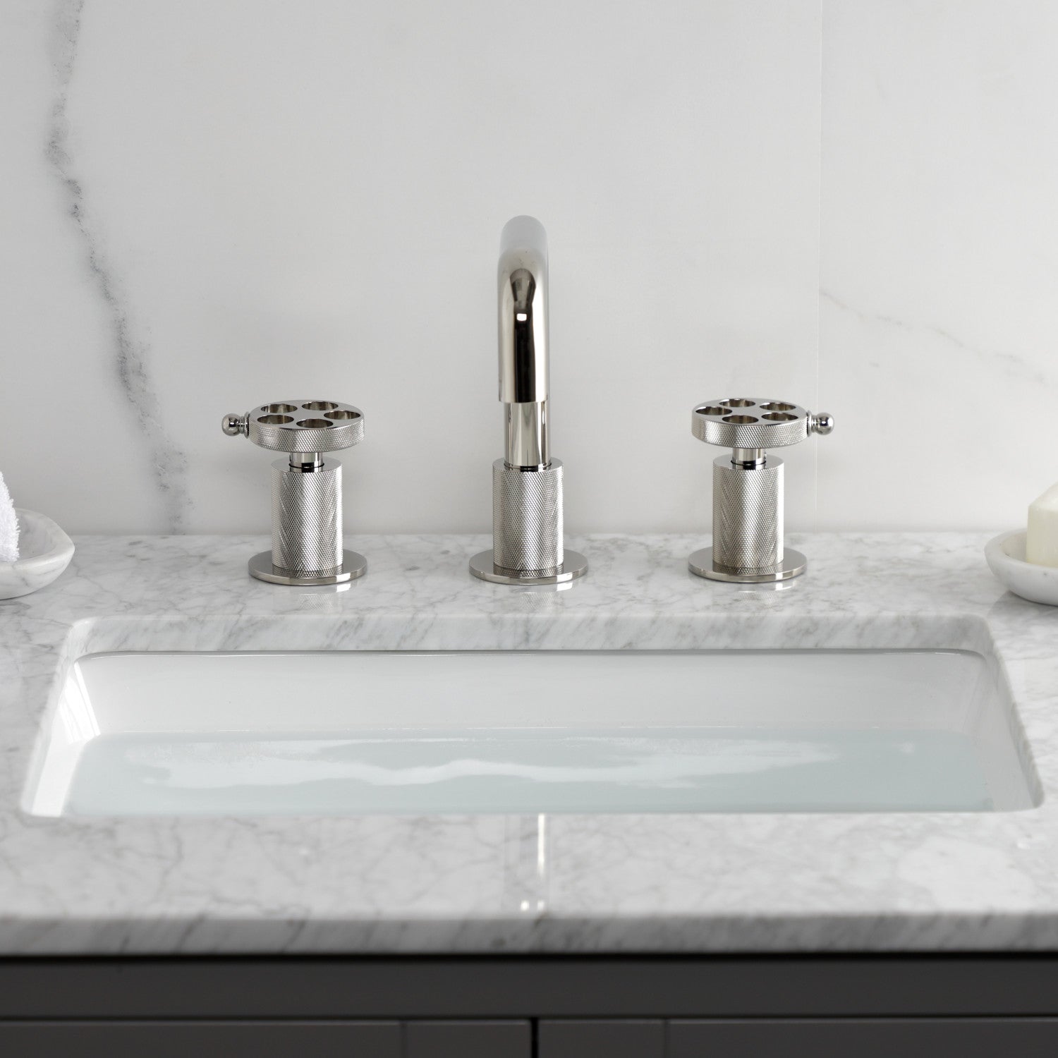 Kingston Sona KS1416RKZ - Wendell Two-Handle 3-Hole Deck Mount Widespread Bathroom Faucet with Knurled Handle and Push Pop-Up Drain, Polished Nickel — thumbnail 3