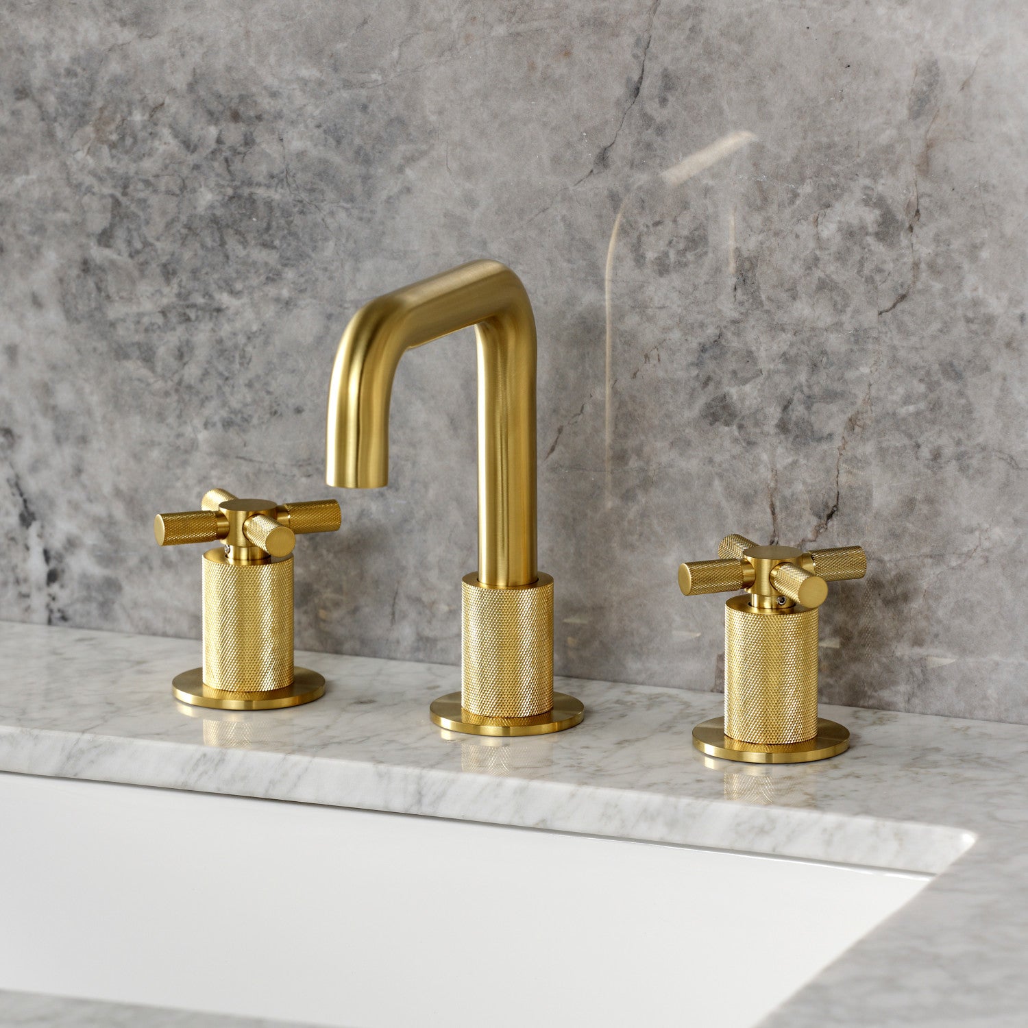 Kingston Sona KS1417KNX - Convergent Two-Handle 3-Hole Deck Mount Widespread Bathroom Faucet with Push Pop-Up Drain, Brushed Brass — thumbnail 2