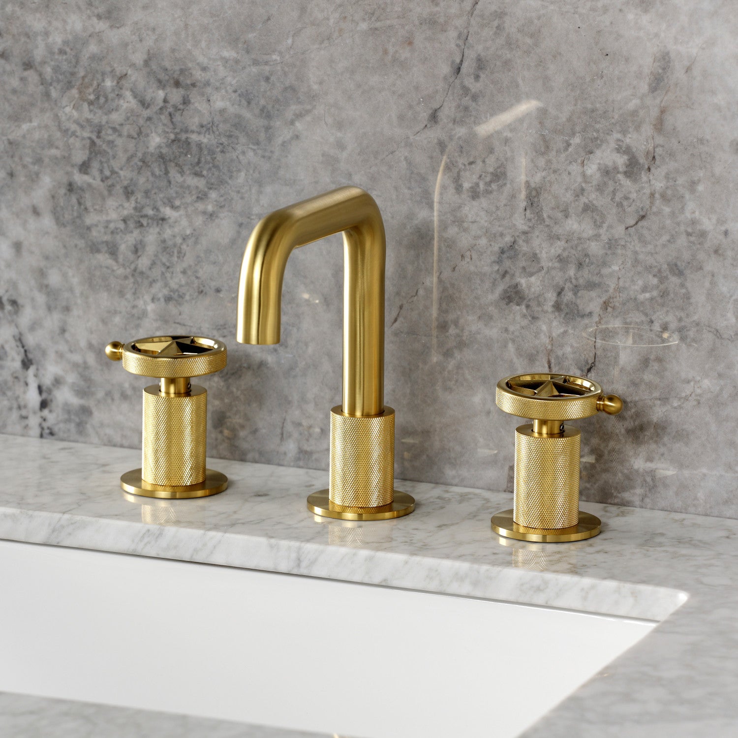 Kingston Sona KS1417RNK - Levante Two-Handle 3-Hole Deck Mount Widespread Bathroom Faucet with Push Pop-Up Drain, Brushed Brass — thumbnail 2