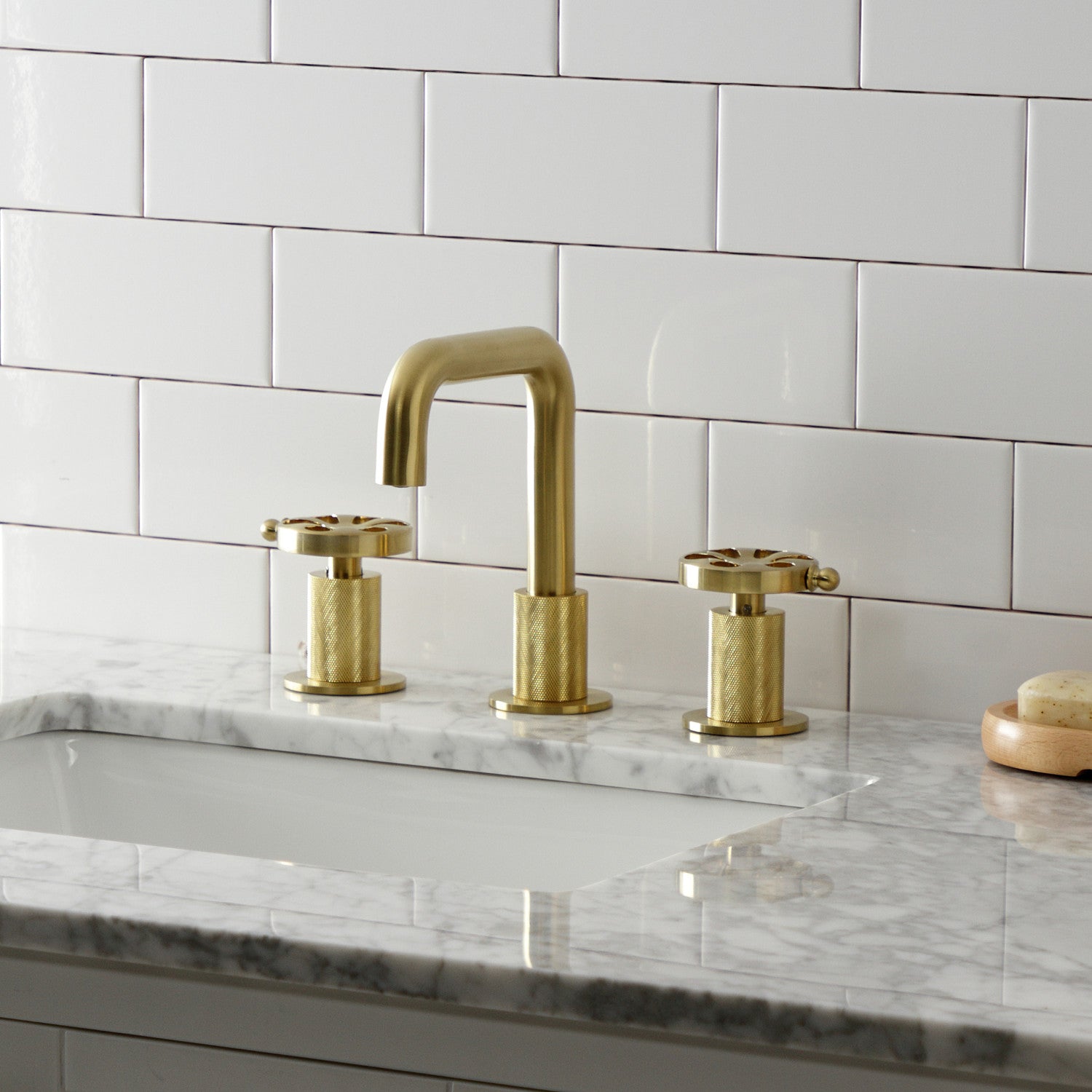 Kingston Sona KS1417RX - Belknap Two-Handle 3-Hole Deck Mount Widespread Bathroom Faucet with Push Pop-Up Drain, Brushed Brass — thumbnail 2