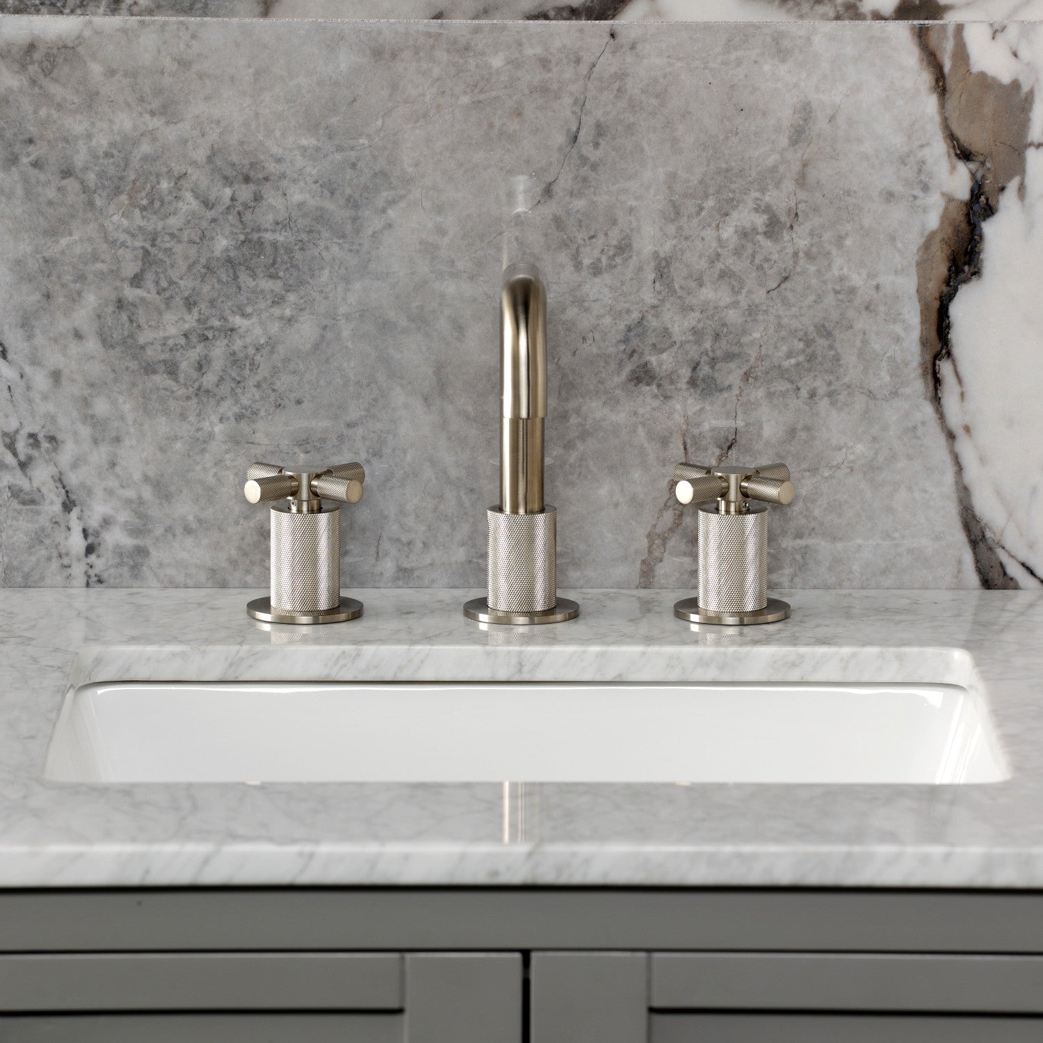 Kingston Sona KS1418KNX - Convergent Two-Handle 3-Hole Deck Mount Widespread Bathroom Faucet with Push Pop-Up Drain, Brushed Nickel — thumbnail 3