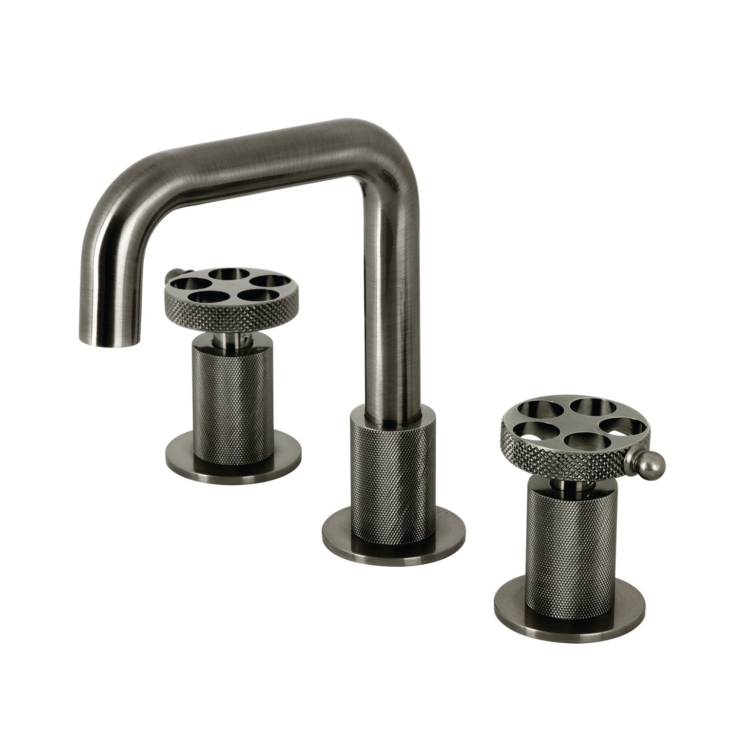Kingston Sona KS141BSSRKX - Webb Two-Handle 3-Hole Deck Mount Widespread Bathroom Faucet with Knurled Handle and Push Pop-Up Drain, Black Stainless