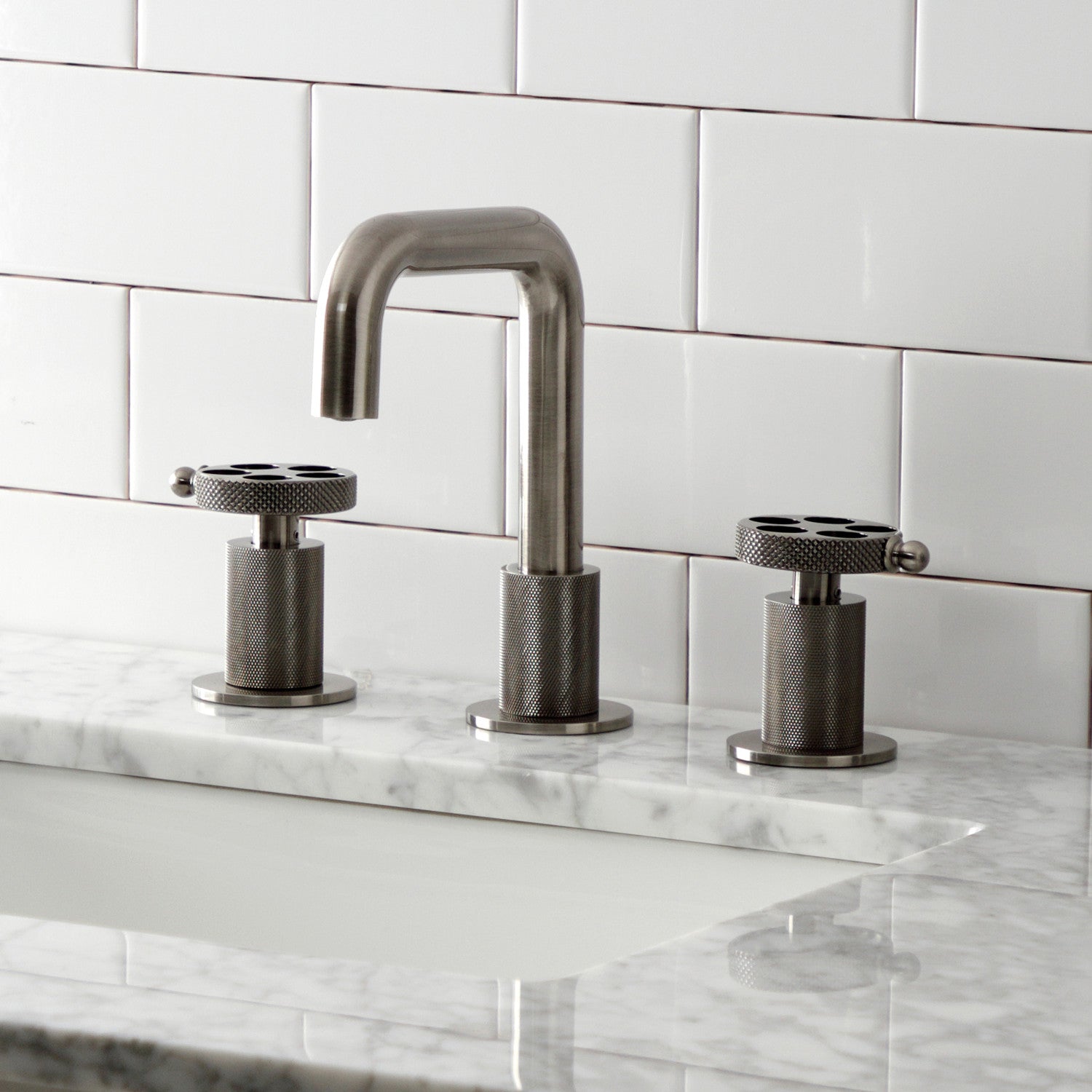 Kingston Sona KS141BSSRKX - Webb Two-Handle 3-Hole Deck Mount Widespread Bathroom Faucet with Knurled Handle and Push Pop-Up Drain, Black Stainless — thumbnail 2