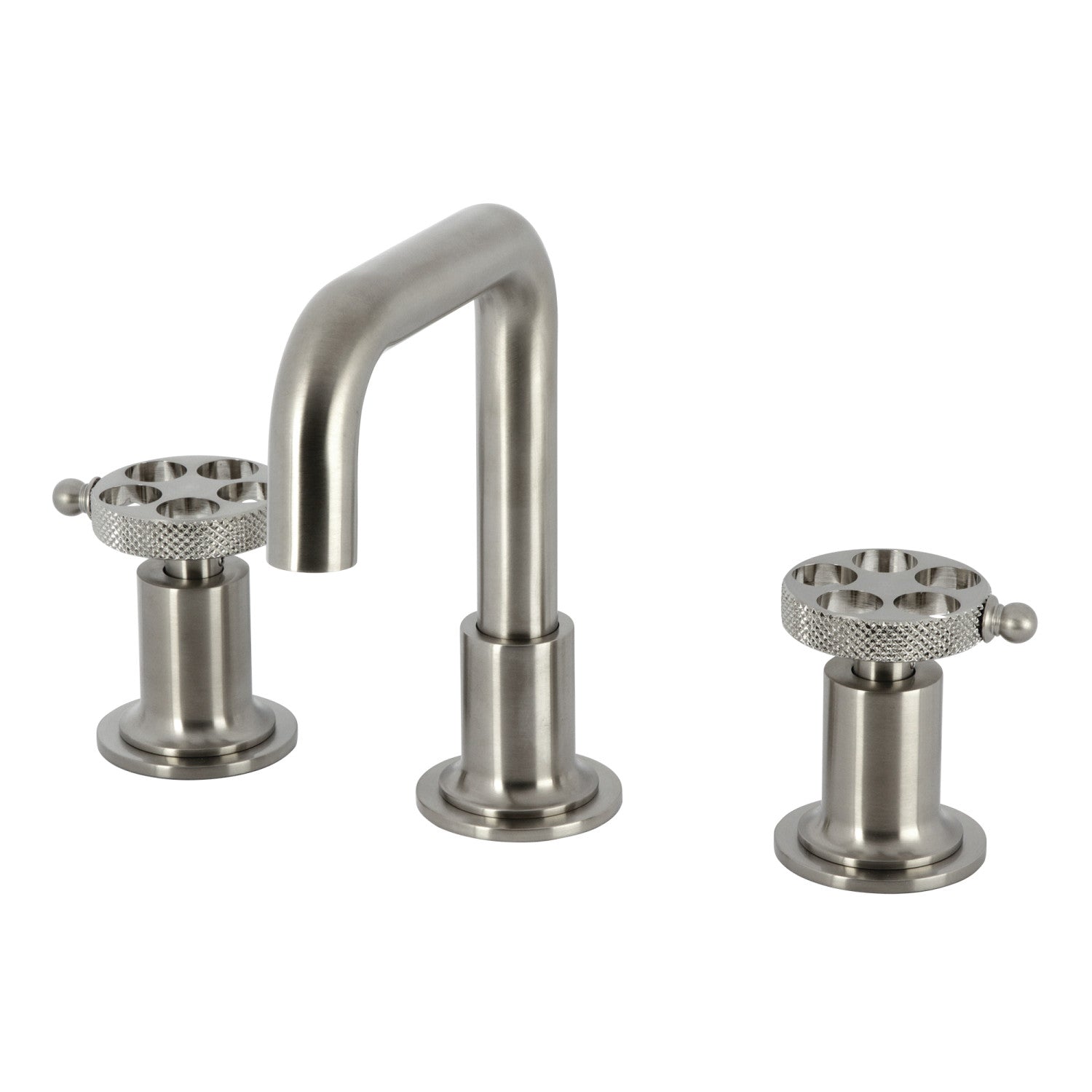 Kingston Sona KS142RKXBN - Webb Two-Handle 3-Hole Deck Mount Widespread Bathroom Faucet with Knurled Handle and Push Pop-Up Drain, Brushed Nickel
