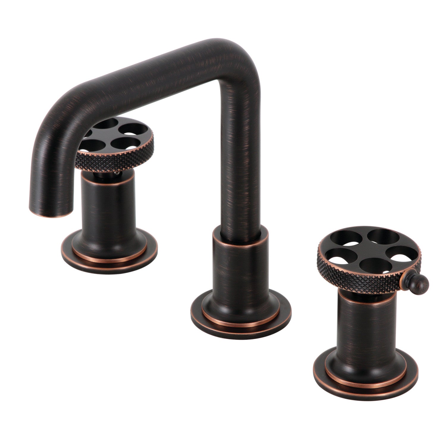 Kingston Sona KS142RKXNB - Webb Two-Handle 3-Hole Deck Mount Widespread Bathroom Faucet with Knurled Handle and Push Pop-Up Drain, Naples Bronze