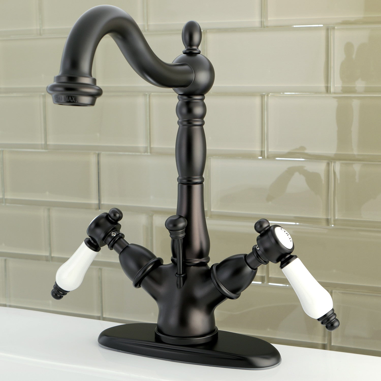 Kingston Heirloom KS1435BPL - Bel-Air Double-Handle 1-or-3 Hole Deck Mount 4-Inch Centerset Bathroom Faucet with Brass Pop-Up, Oil Rubbed Bronze — thumbnail 2
