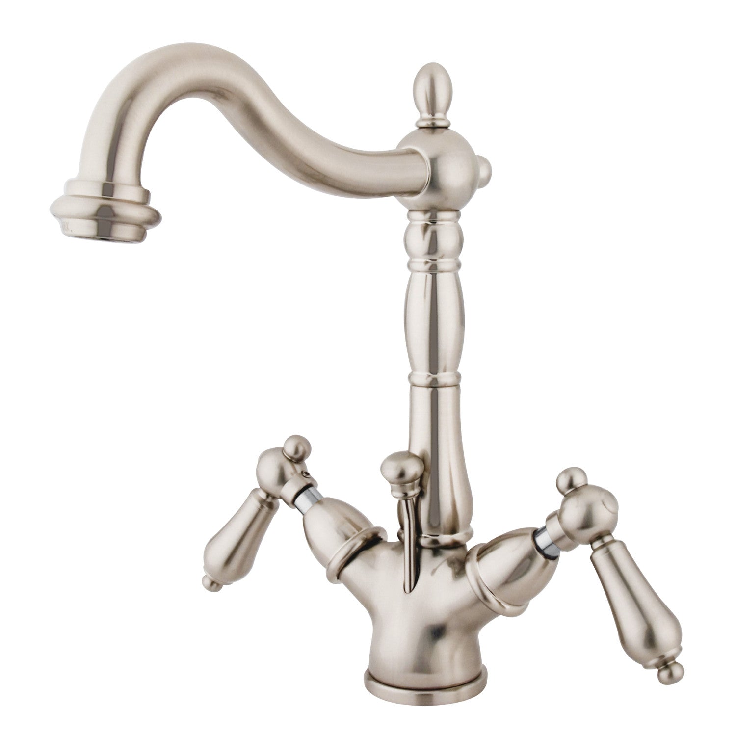 Kingston Heirloom KS1438AL - Heritage Double-Handle 1-or-3 Hole Deck Mount 4-Inch Centerset Bathroom Faucet with Brass Pop-Up, Brushed Nickel