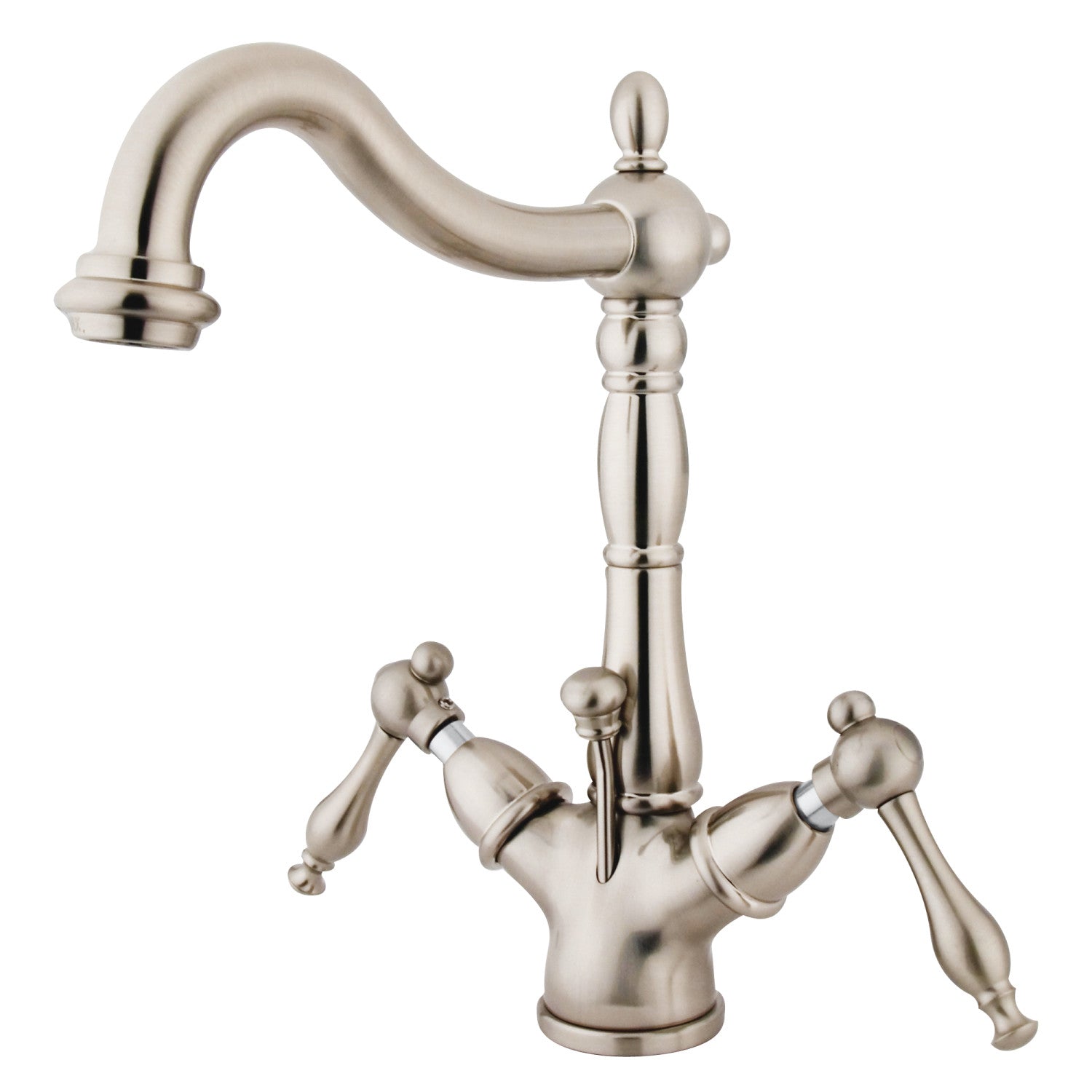 Kingston Heirloom KS1438NL - Naples Double-Handle 1-or-3 Hole Deck Mount 4-Inch Centerset Bathroom Faucet with Brass Pop-Up, Brushed Nickel