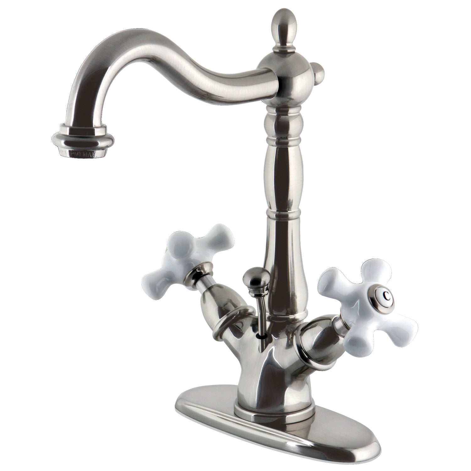 Kingston Heirloom KS1438PX - Heritage Double-Handle 1-or-3 Hole Deck Mount 4-Inch Centerset Bathroom Faucet with Brass Pop-Up, Brushed Nickel