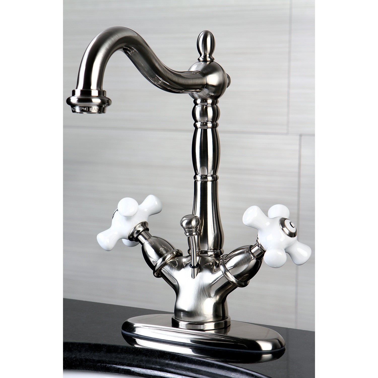 Kingston Heirloom KS1438PX - Heritage Double-Handle 1-or-3 Hole Deck Mount 4-Inch Centerset Bathroom Faucet with Brass Pop-Up, Brushed Nickel — thumbnail 2