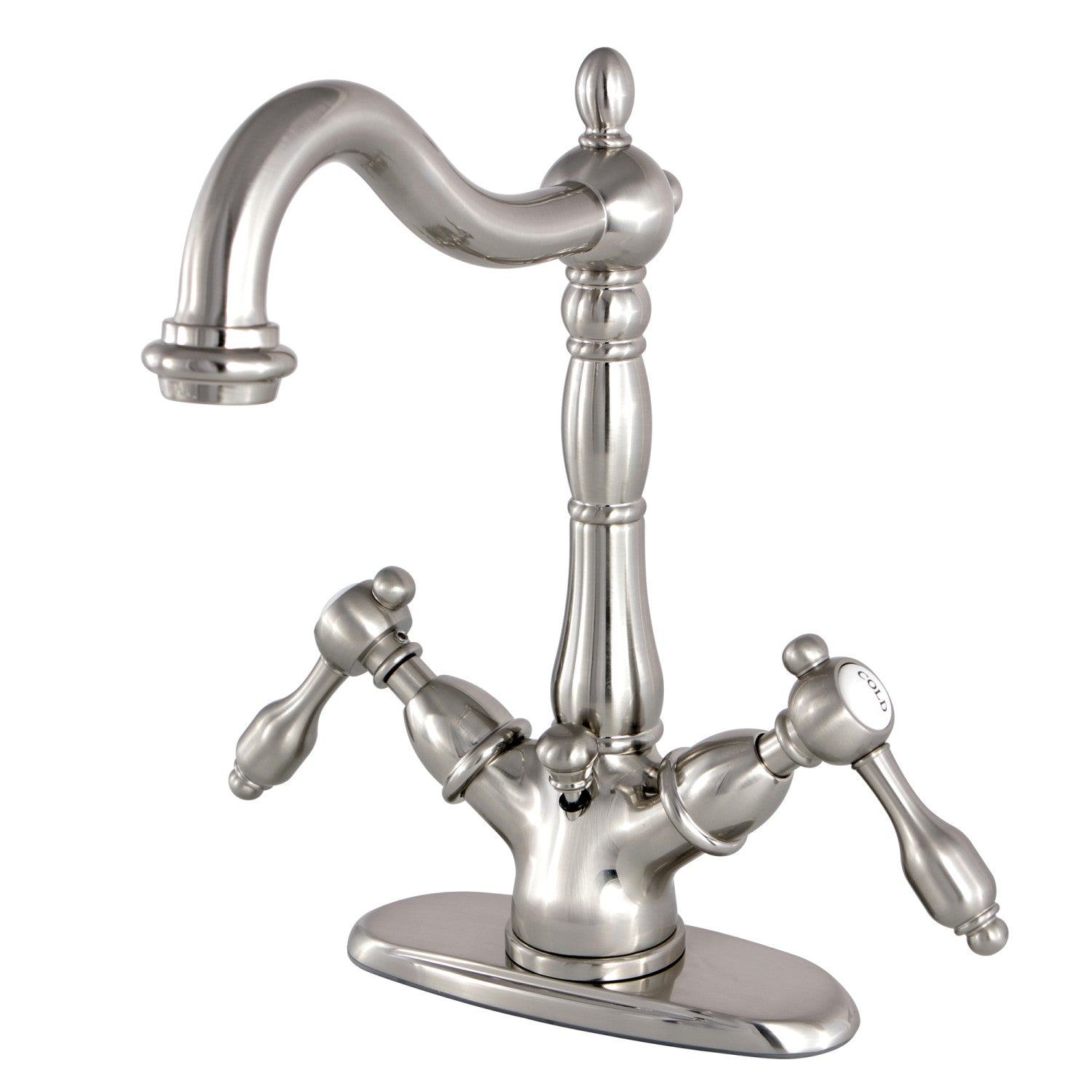 Kingston Heirloom KS1438TAL - Tudor Double-Handle 1-or-3 Hole Deck Mount 4-Inch Centerset Bathroom Faucet with Brass Pop-Up, Brushed Nickel