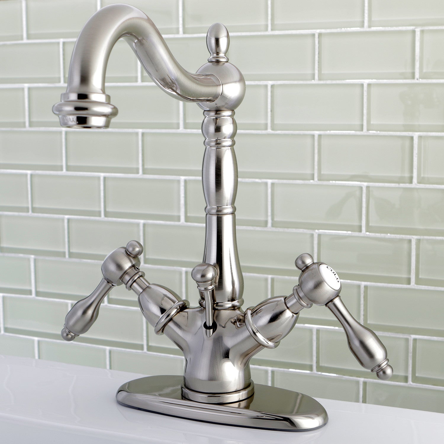 Kingston Heirloom KS1438TAL - Tudor Double-Handle 1-or-3 Hole Deck Mount 4-Inch Centerset Bathroom Faucet with Brass Pop-Up, Brushed Nickel — thumbnail 2