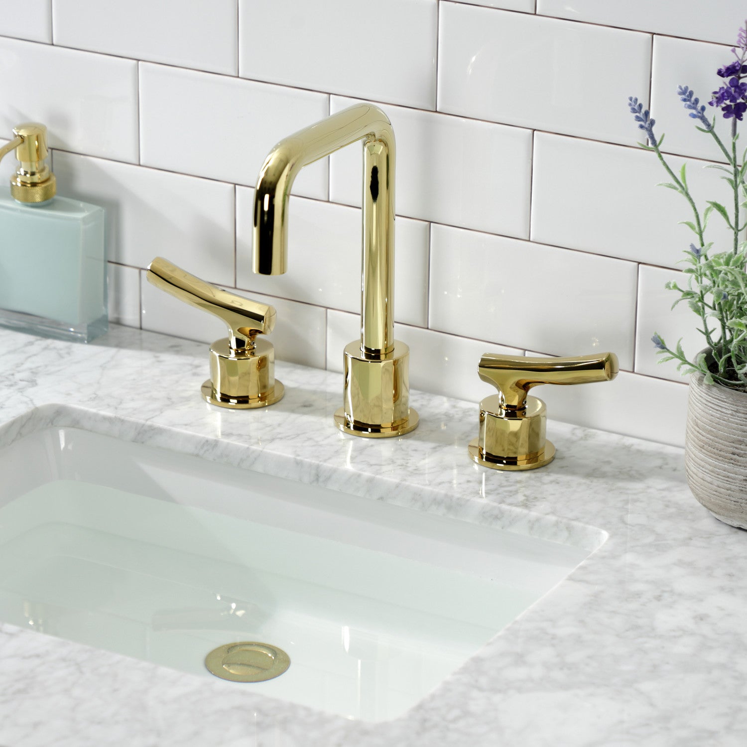 Kingston Sona KS1452TKL - Hallerbos Two-Handle 3-Hole Deck Mount Widespread Bathroom Faucet with Push Pop-Up Drain, Polished Brass — thumbnail 2