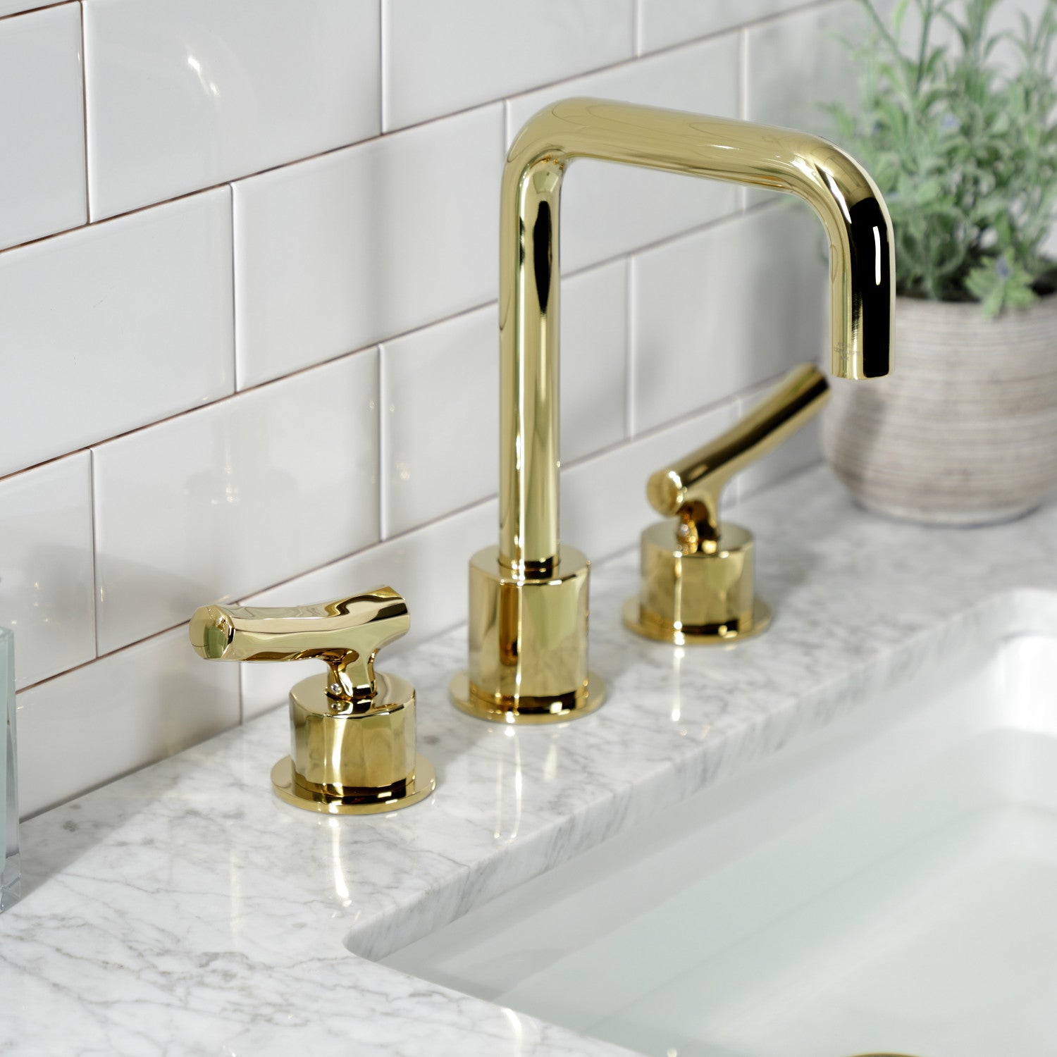 Kingston Sona KS1452TKL - Hallerbos Two-Handle 3-Hole Deck Mount Widespread Bathroom Faucet with Push Pop-Up Drain, Polished Brass — thumbnail 3