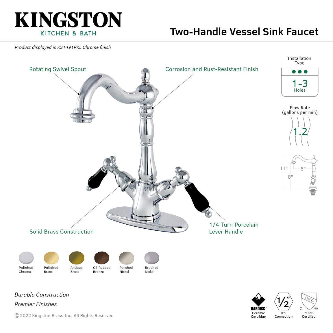 Kingston Heirloom KS1492PKL - Duchess Two-Handle 1-or-3 Hole Deck Mount Vessel Faucet, Polished Brass — thumbnail 3