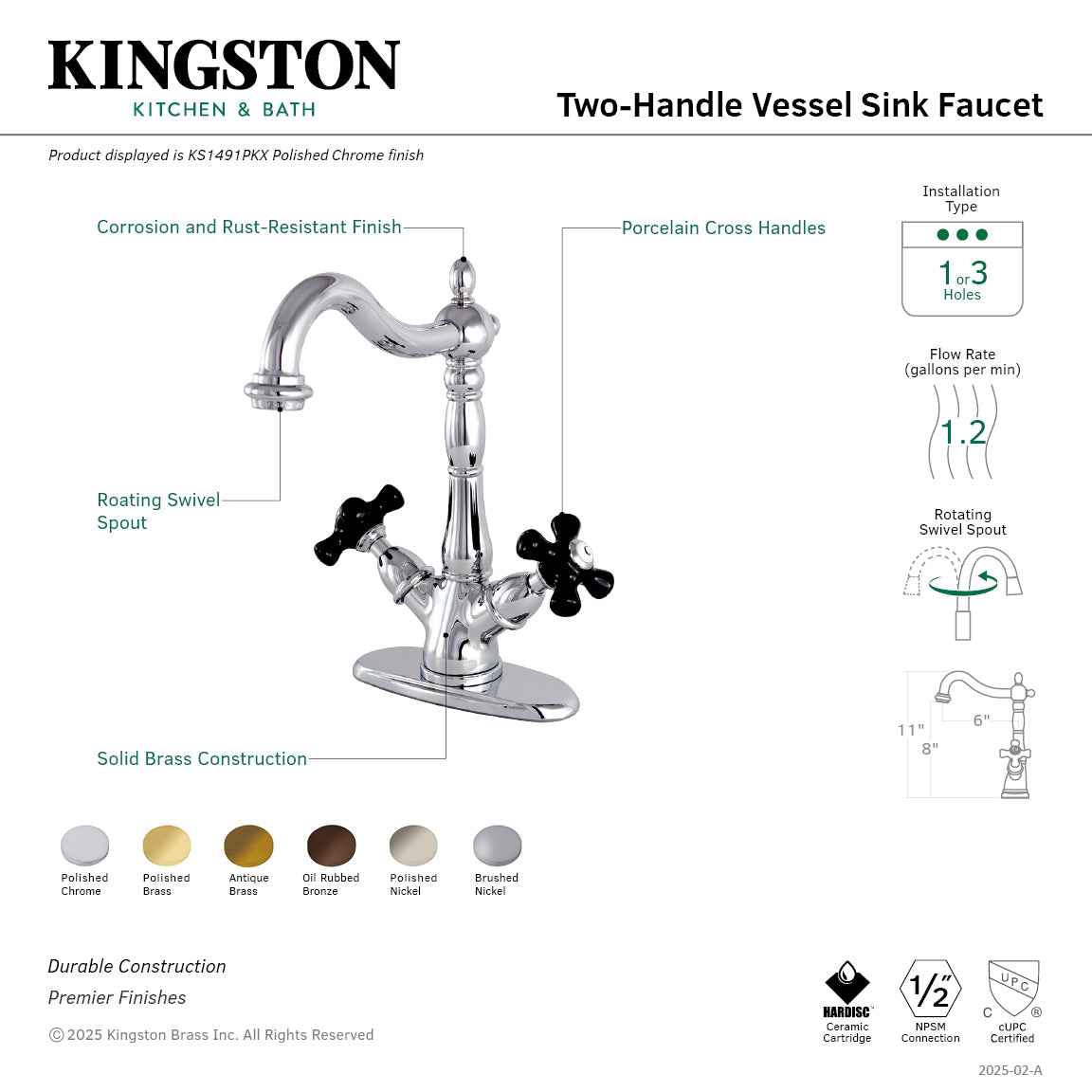 Kingston Heirloom KS1493PKX - Duchess Two-Handle 1-or-3 Hole Deck Mount Vessel Faucet, Antique Brass — thumbnail 2