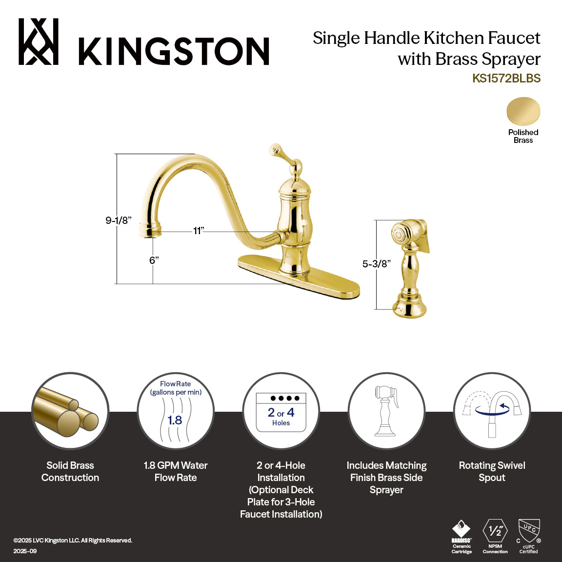 Kingston Heirloom KS1572BLBS - Heritage Single-Handle 2-or-4 Hole Kitchen Faucet with Brass Sprayer, Polished Brass — thumbnail 2