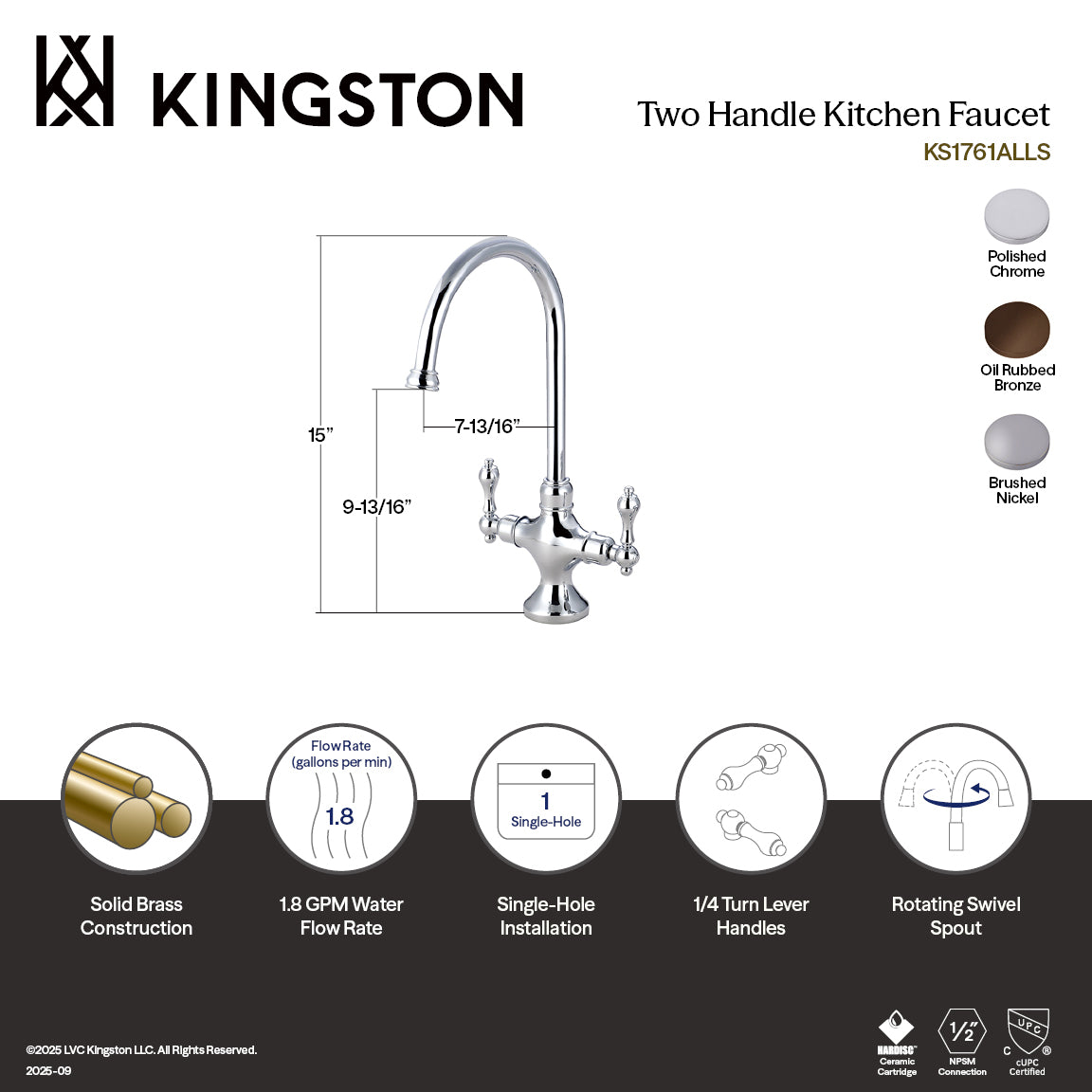 Kingston Heirloom KS1768ALLS - Vintage Two-Handle 1-Hole Kitchen Faucet, Brushed Nickel — thumbnail 2
