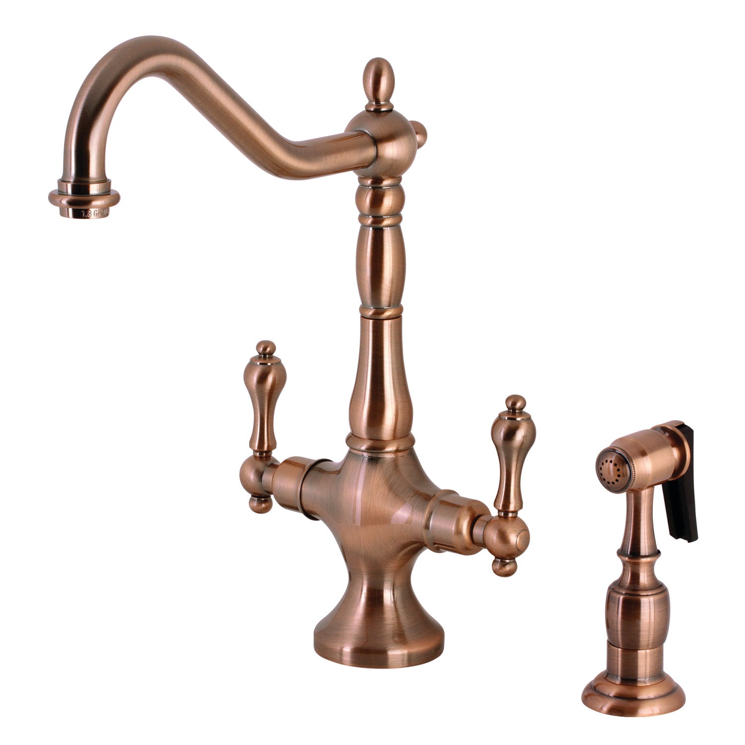 Kingston Heirloom KS177ALBSAC - Heritage Two-Handle 2-Hole Kitchen Faucet with Brass Sprayer, Antique Copper