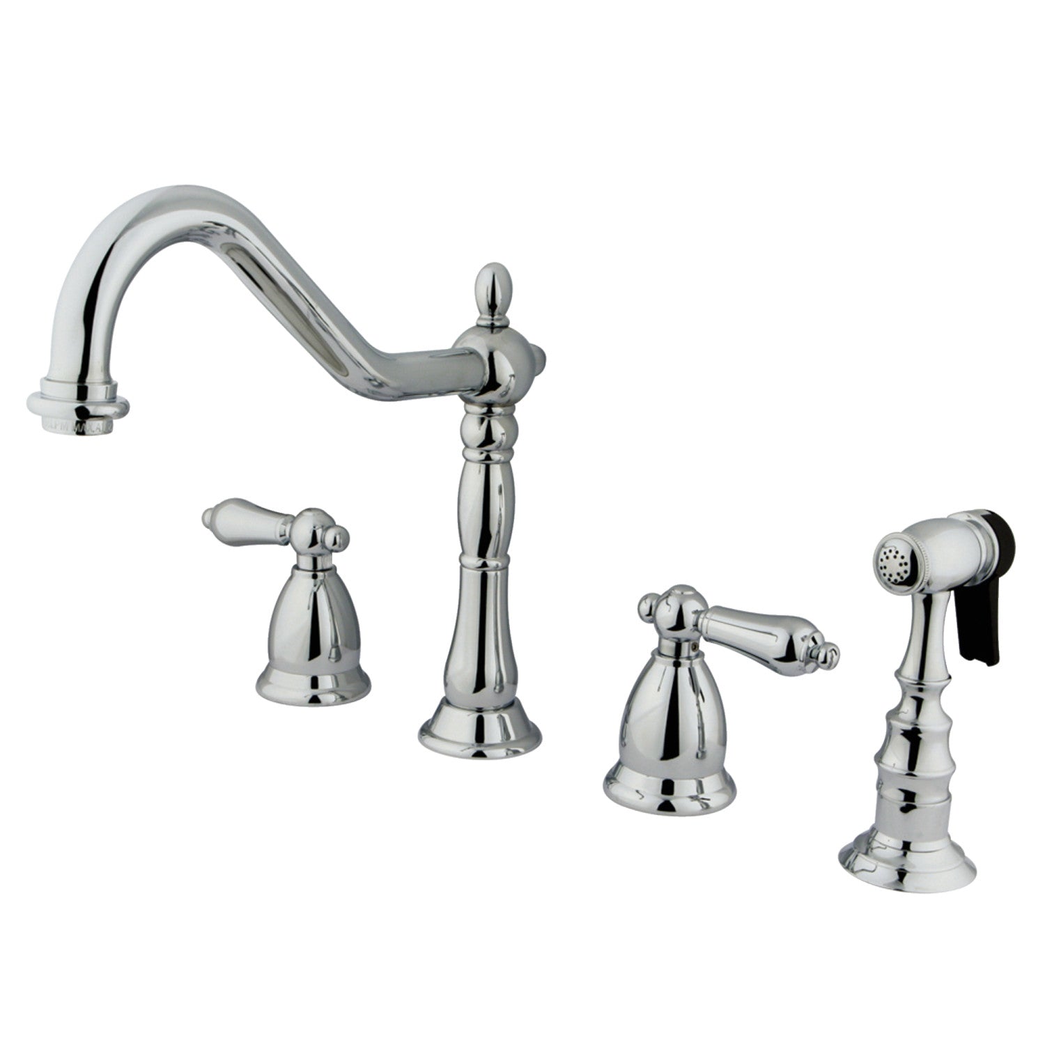 Kingston Heirloom KS1791ALBS - Heritage Double-Handle 4-Hole Widespread Kitchen Faucet with Brass Sprayer, Polished Chrome