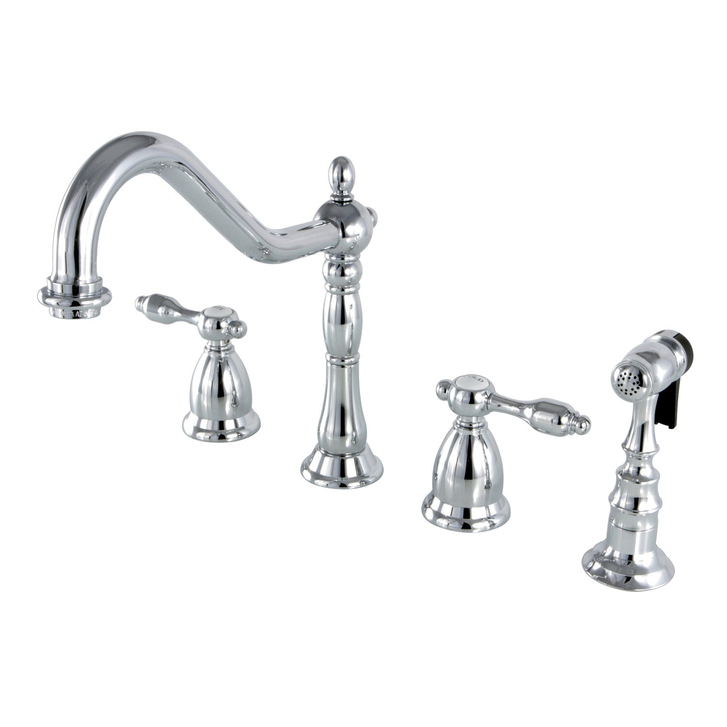 Kingston Heirloom KS1791TALBS - Tudor Double-Handle 4-Hole Widespread Kitchen Faucet with Brass Sprayer, Polished Chrome