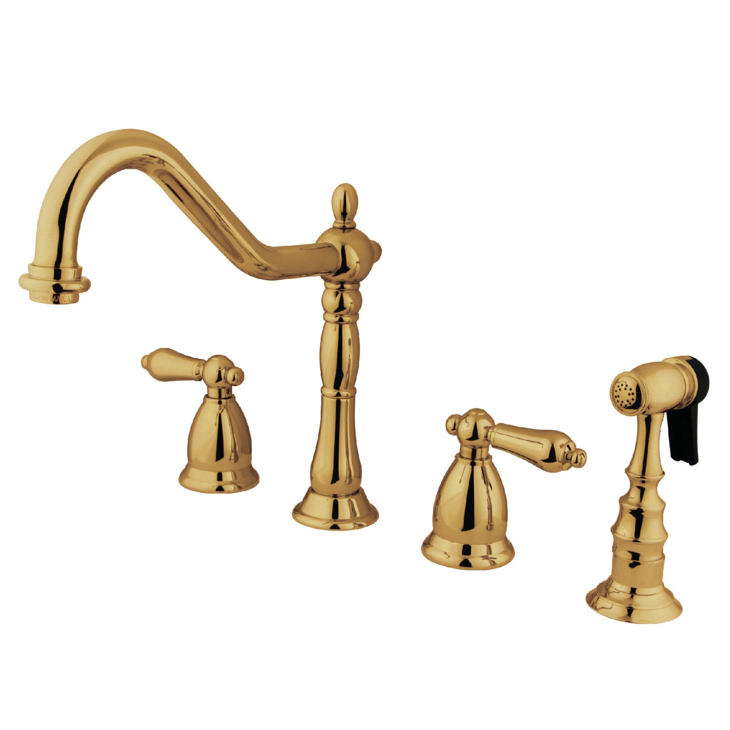 Kingston Heirloom KS1792ALBS - Heritage Double-Handle 4-Hole Widespread Kitchen Faucet with Brass Sprayer, Polished Brass