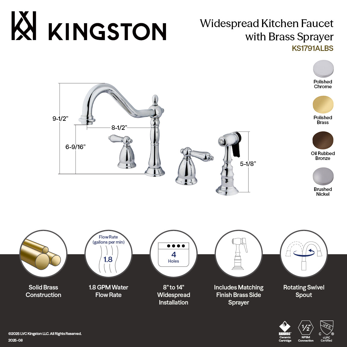 Kingston Heirloom KS1792ALBS - Heritage Double-Handle 4-Hole Widespread Kitchen Faucet with Brass Sprayer, Polished Brass — thumbnail 2