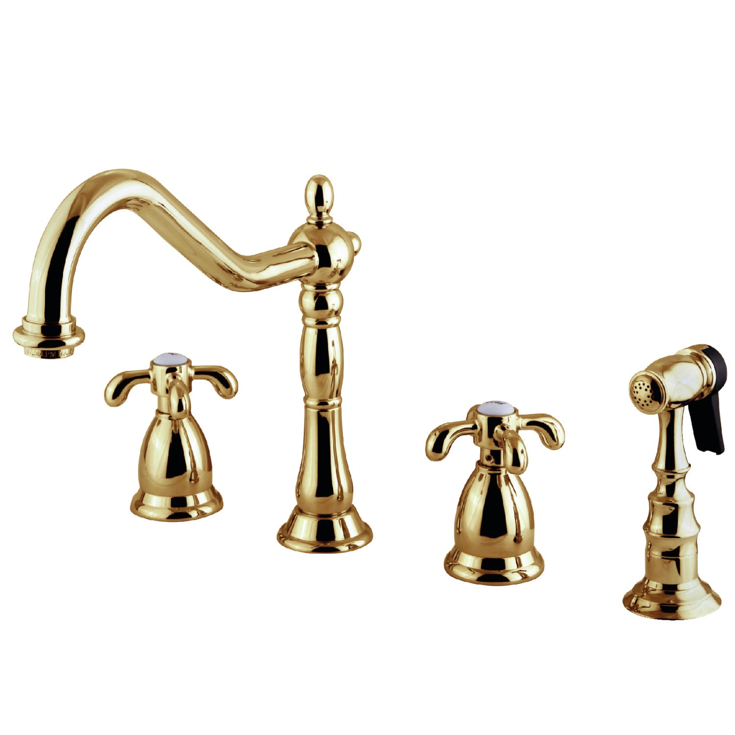 Kingston Heirloom KS1792TXBS - French Country Double-Handle 4-Hole Widespread Kitchen Faucet with Brass Sprayer, Polished Brass
