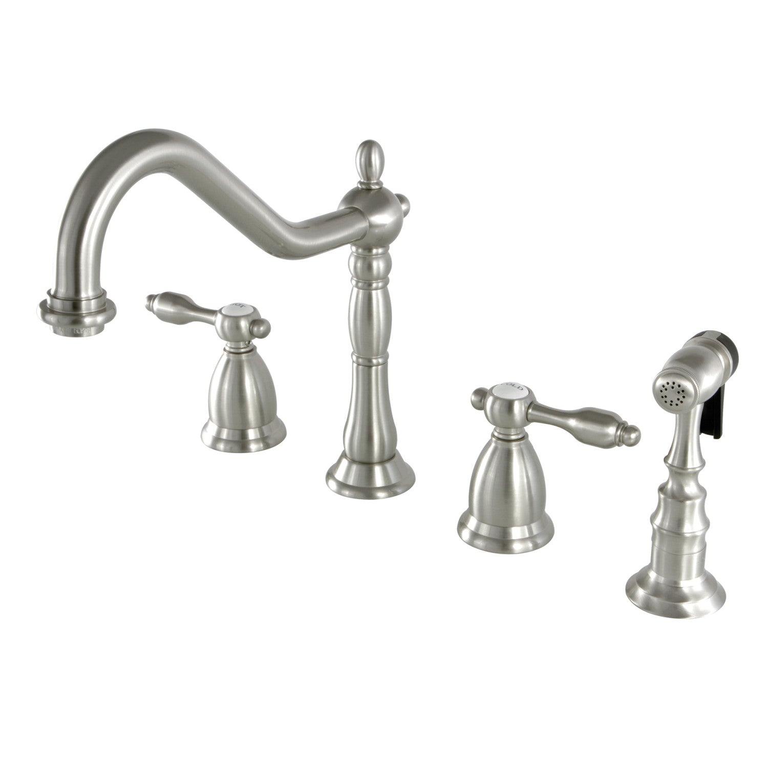 Kingston Heirloom KS1798TALBS - Tudor Double-Handle 4-Hole Widespread Kitchen Faucet with Brass Sprayer, Brushed Nickel