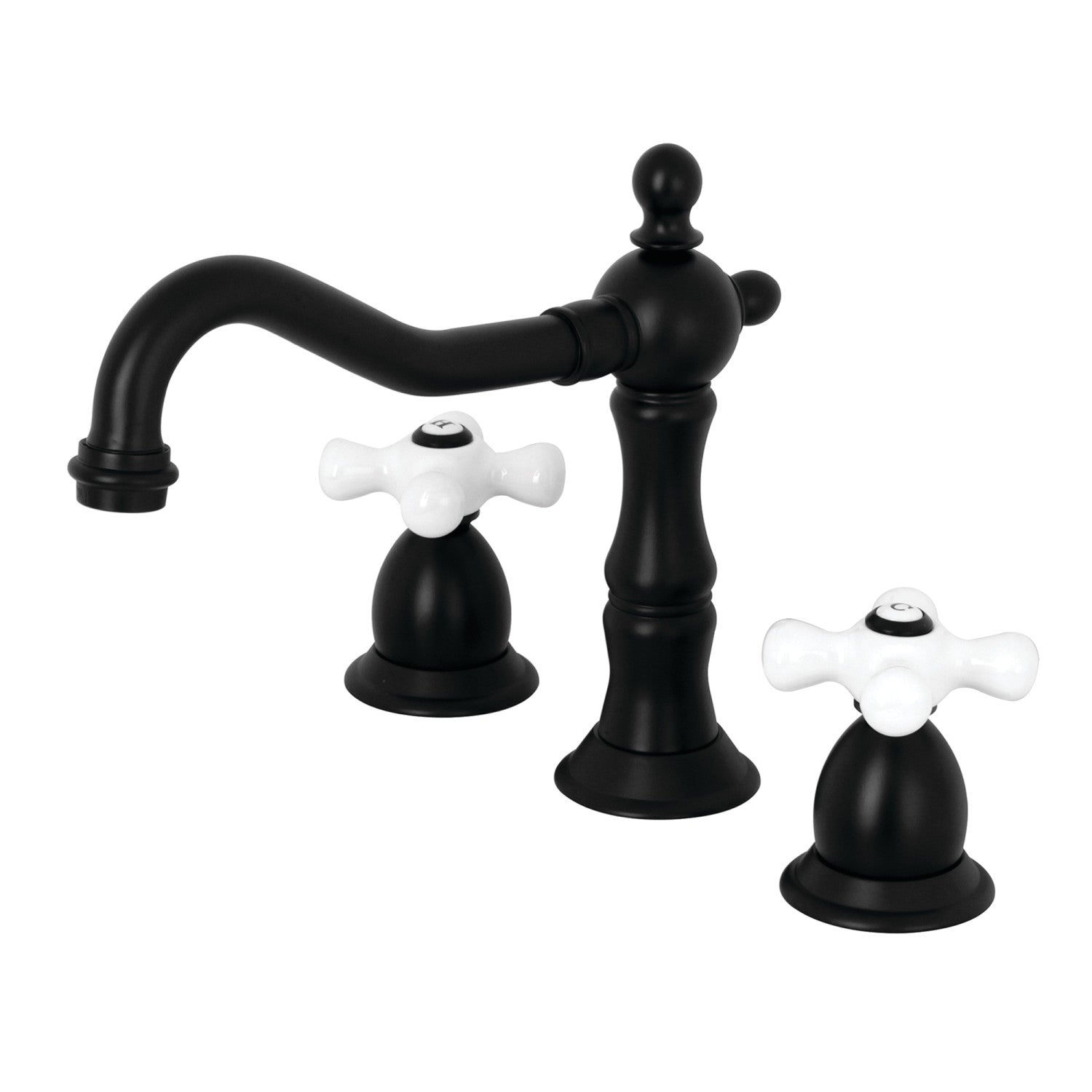 Kingston Heirloom KS1970PX - Heritage Two-Handle 3-Hole Deck Mount Widespread Bathroom Faucet with Brass Pop-Up, Matte Black