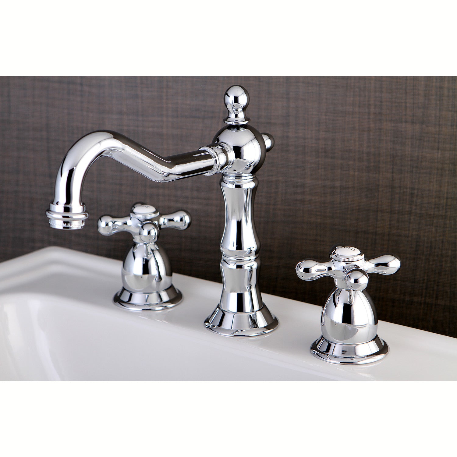 Kingston Heirloom KS1971AX - Heritage Two-Handle 3-Hole Deck Mount Widespread Bathroom Faucet with Brass Pop-Up, Polished Chrome — thumbnail 2