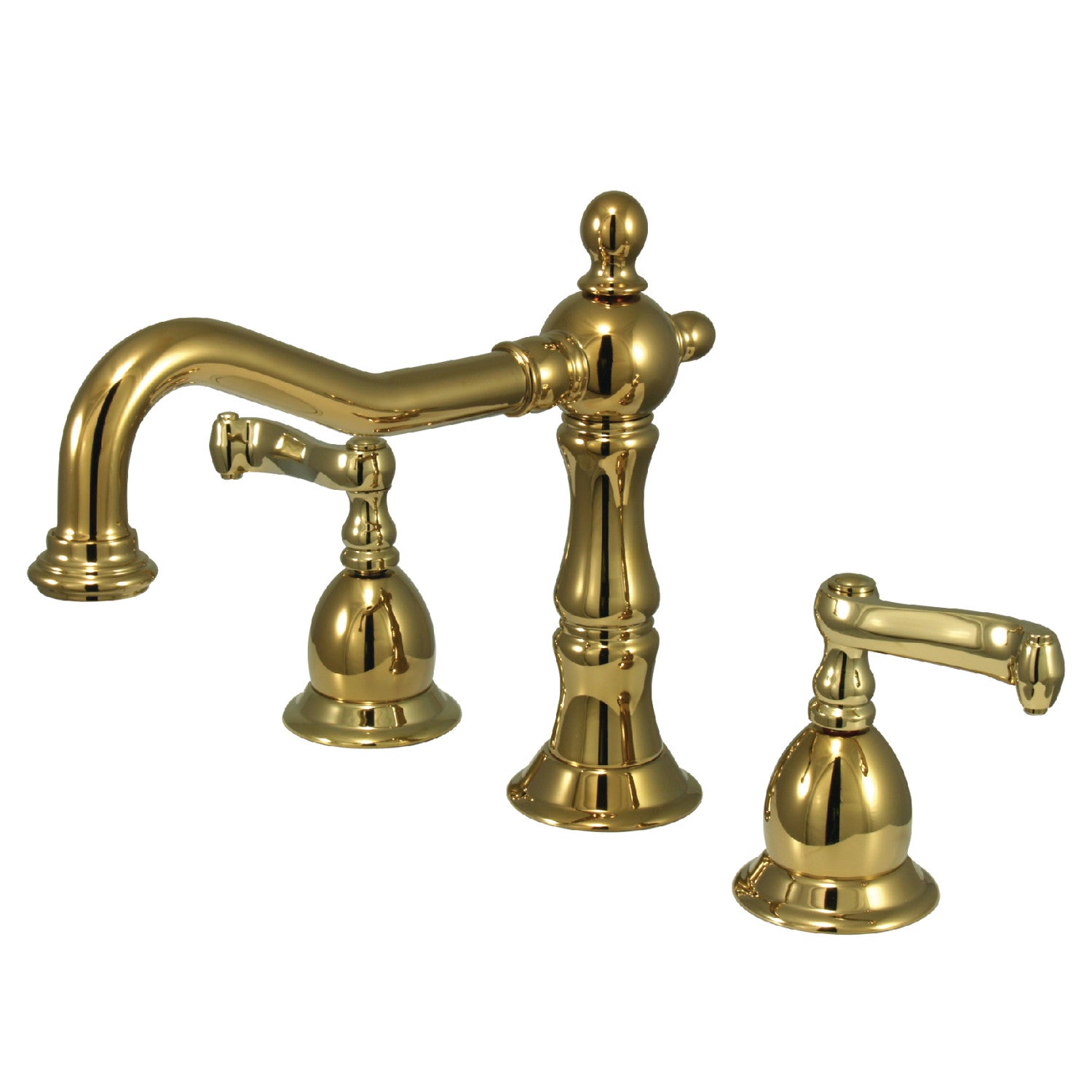Kingston Heirloom KS1972FL - Heritage Two-Handle 3-Hole Deck Mount Widespread Bathroom Faucet with Brass Pop-Up, Polished Brass