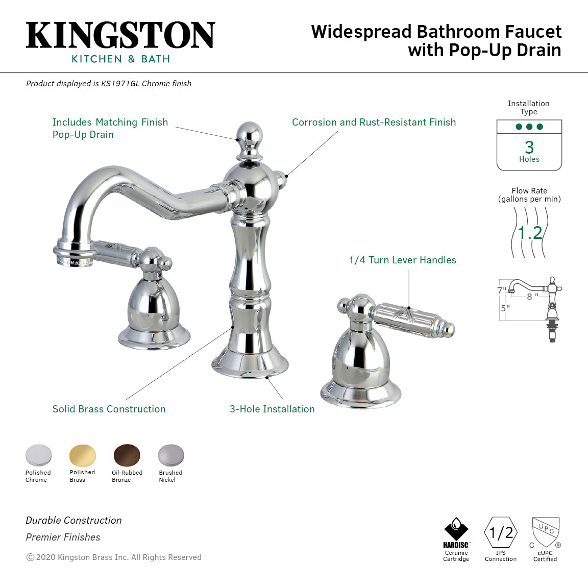 Kingston Heirloom KS1972GL - Heritage Two-Handle 3-Hole Deck Mount Widespread Bathroom Faucet with Brass Pop-Up, Polished Brass — thumbnail 2