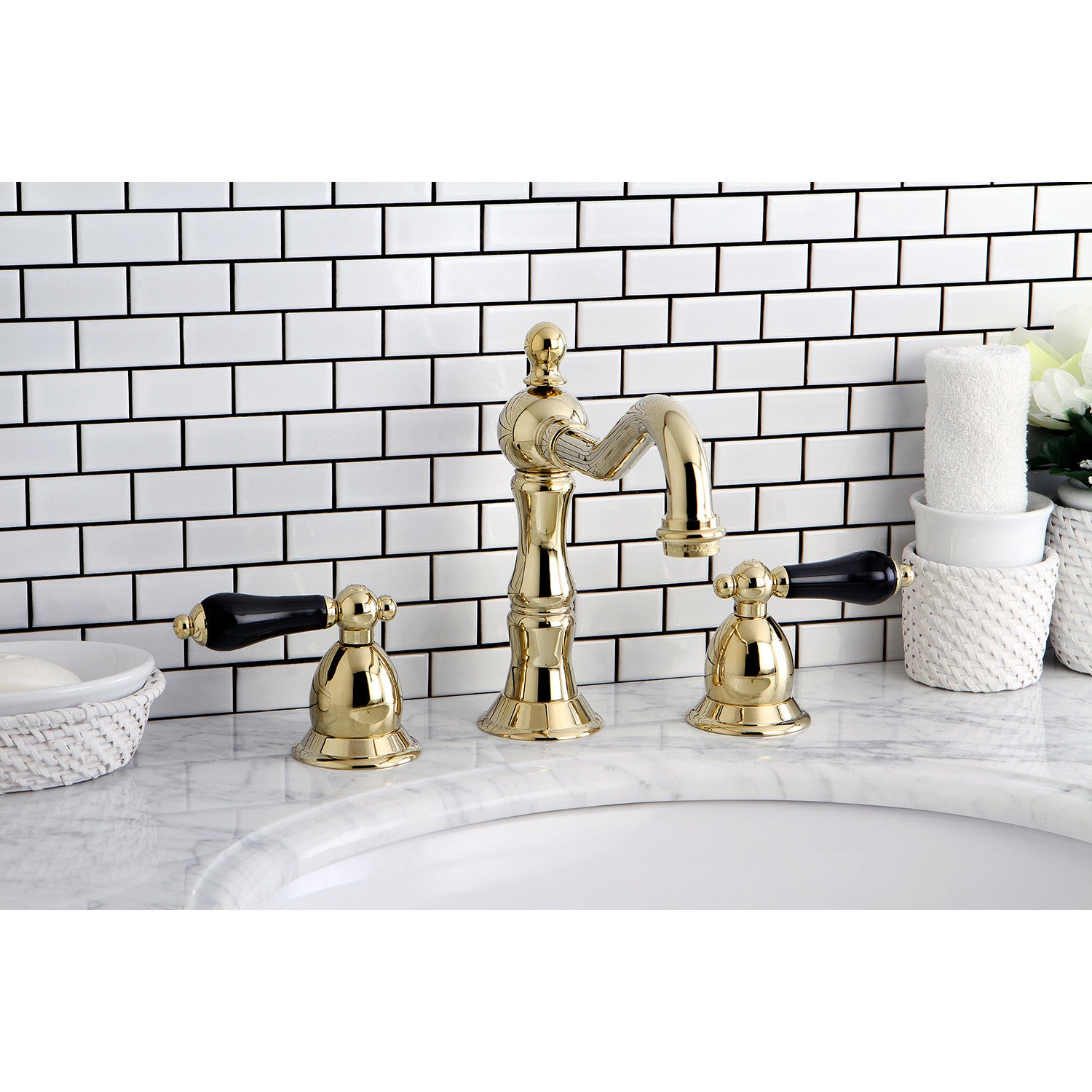 Kingston Heirloom KS1972PKL - Duchess Two-Handle 3-Hole Deck Mount Widespread Bathroom Faucet with Brass Pop-Up, Polished Brass — thumbnail 2
