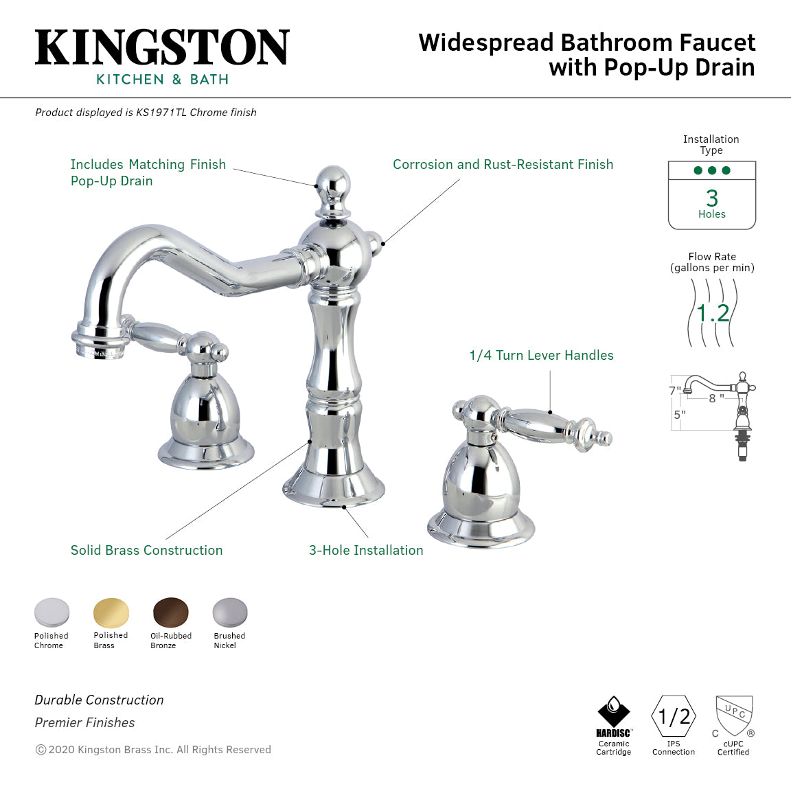 Kingston Heirloom KS1972TL - Heritage Two-Handle 3-Hole Deck Mount Widespread Bathroom Faucet with Brass Pop-Up, Polished Brass — thumbnail 2
