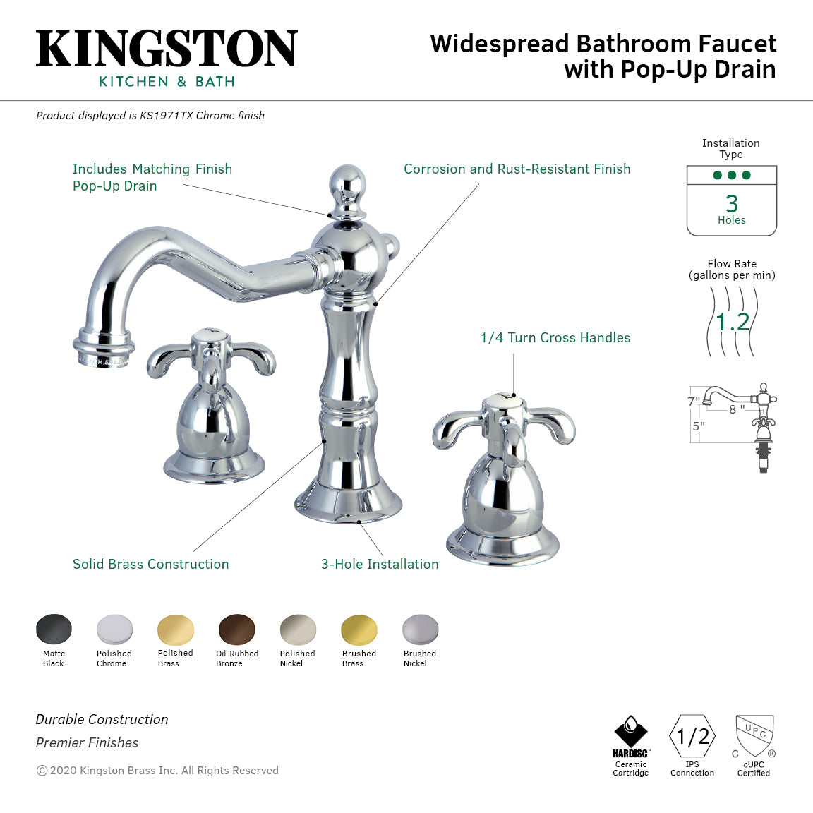 Kingston Heirloom KS1972TX - French Country Two-Handle 3-Hole Deck Mount Widespread Bathroom Faucet with Brass Pop-Up, Polished Brass — thumbnail 2