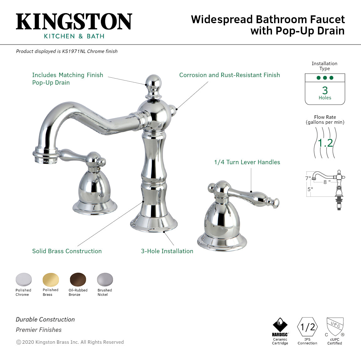 Kingston Heirloom KS1975NL - Heritage Two-Handle 3-Hole Deck Mount Widespread Bathroom Faucet with Brass Pop-Up, Oil Rubbed Bronze — thumbnail 2