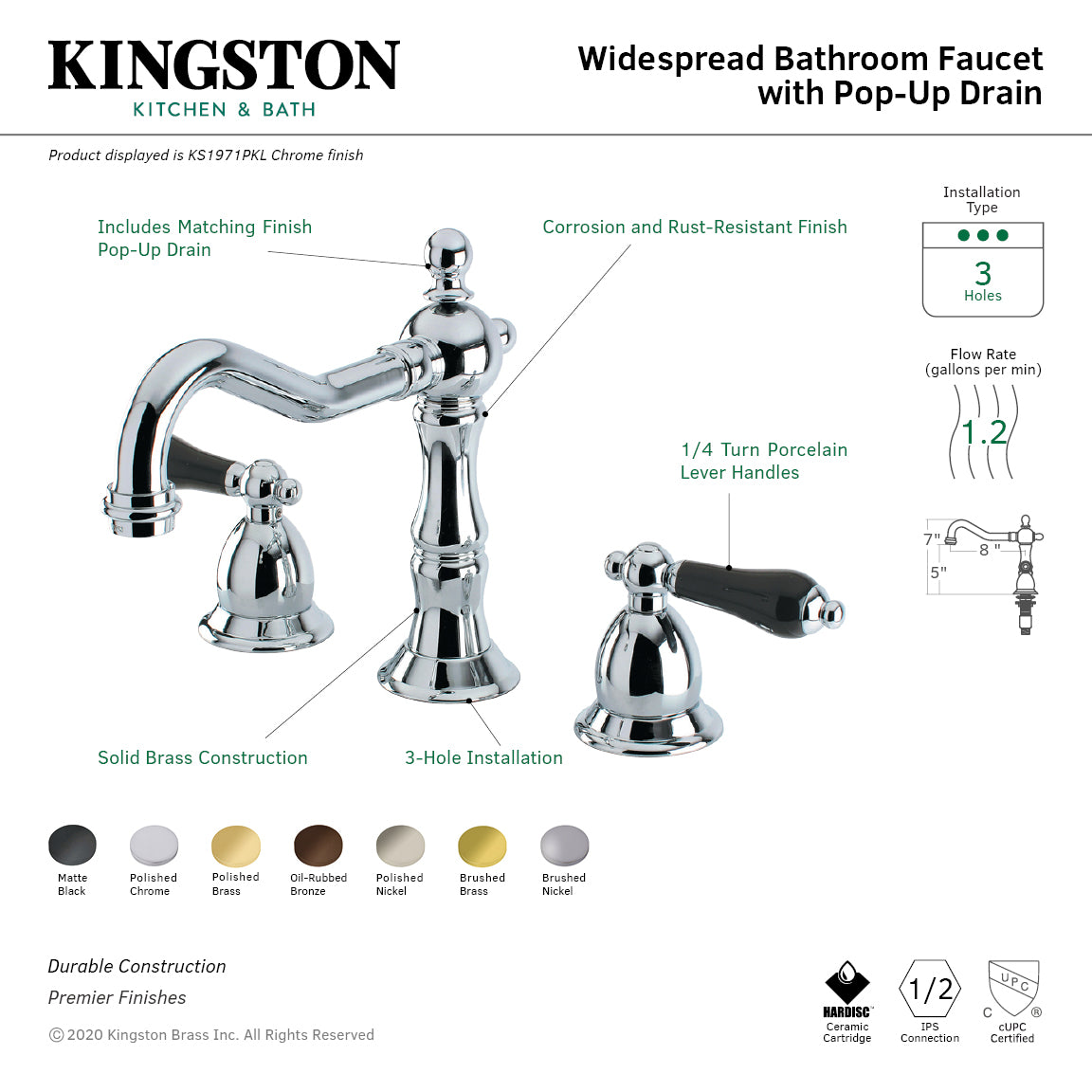 Kingston Heirloom KS1975PKL - Duchess Two-Handle 3-Hole Deck Mount Widespread Bathroom Faucet with Brass Pop-Up, Oil Rubbed Bronze — thumbnail 3