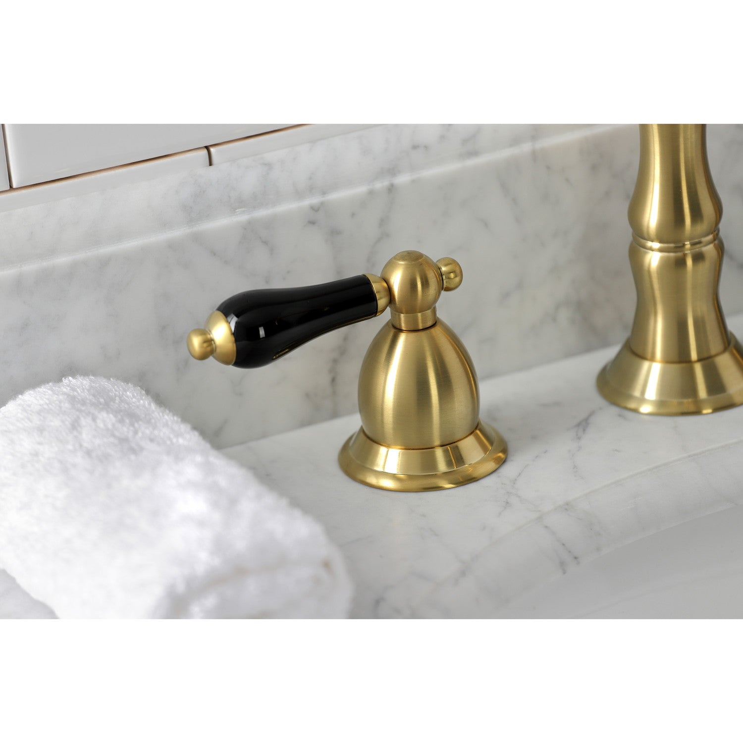 Kingston Heirloom KS1977PKL - Duchess Two-Handle 3-Hole Deck Mount Widespread Bathroom Faucet with Brass Pop-Up, Brushed Brass — thumbnail 2